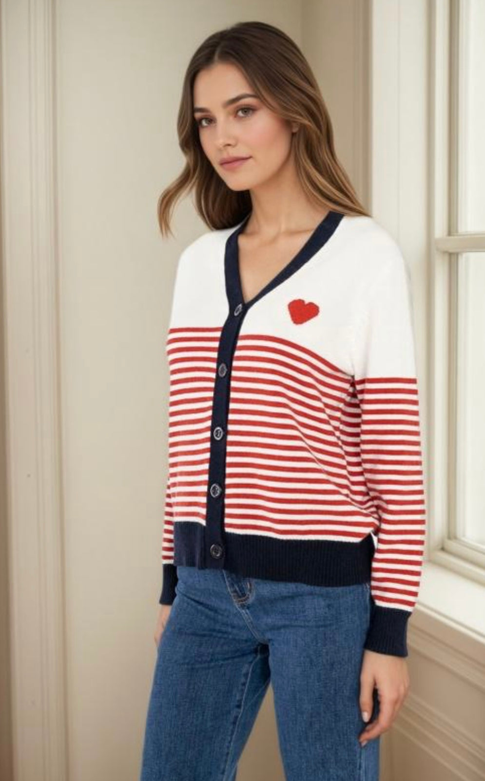 Red & Navy Striped Cardigan