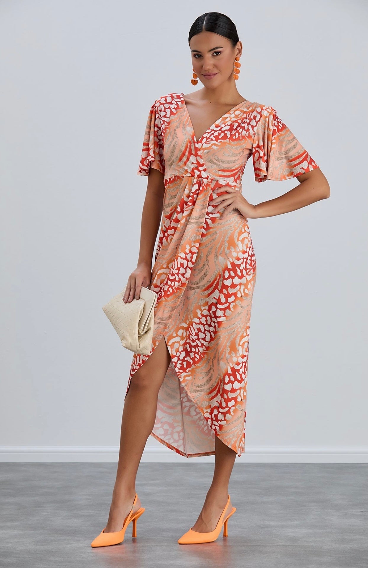 Kim Orange Leopard Print Wrap Midi Dress (size 16)