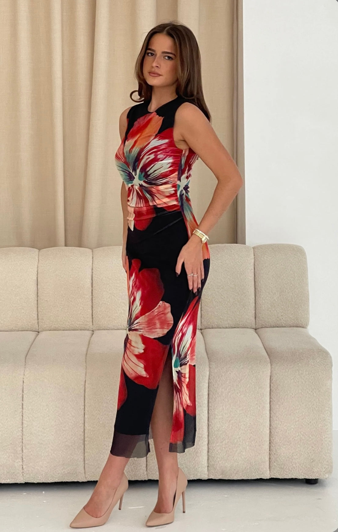 Sonnet Ruched Waist Sleevless Mesh Midi Dress Black