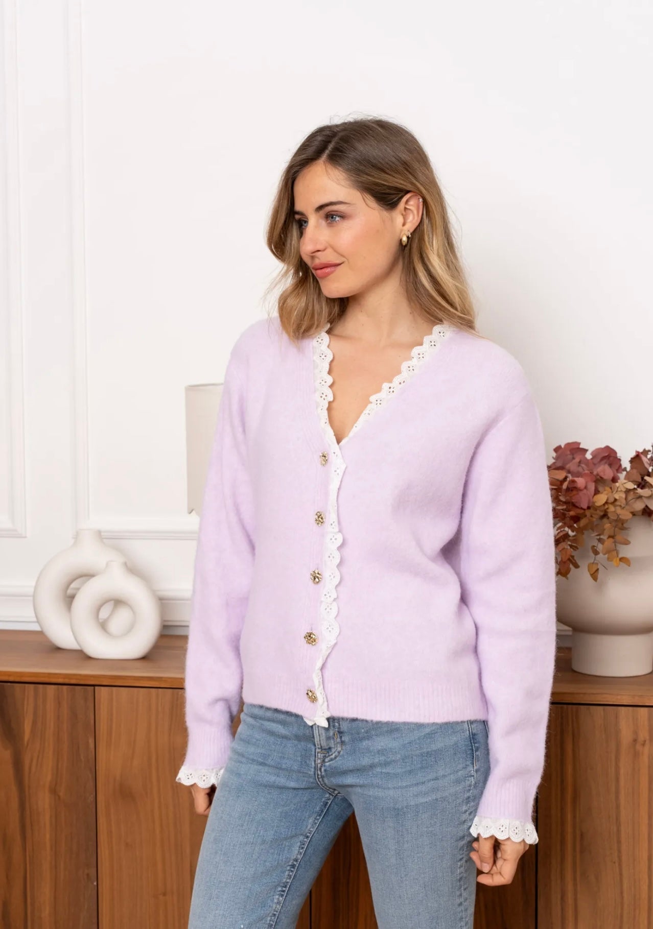 Cassie Lilac & White Broiderie Trim Cardigan
