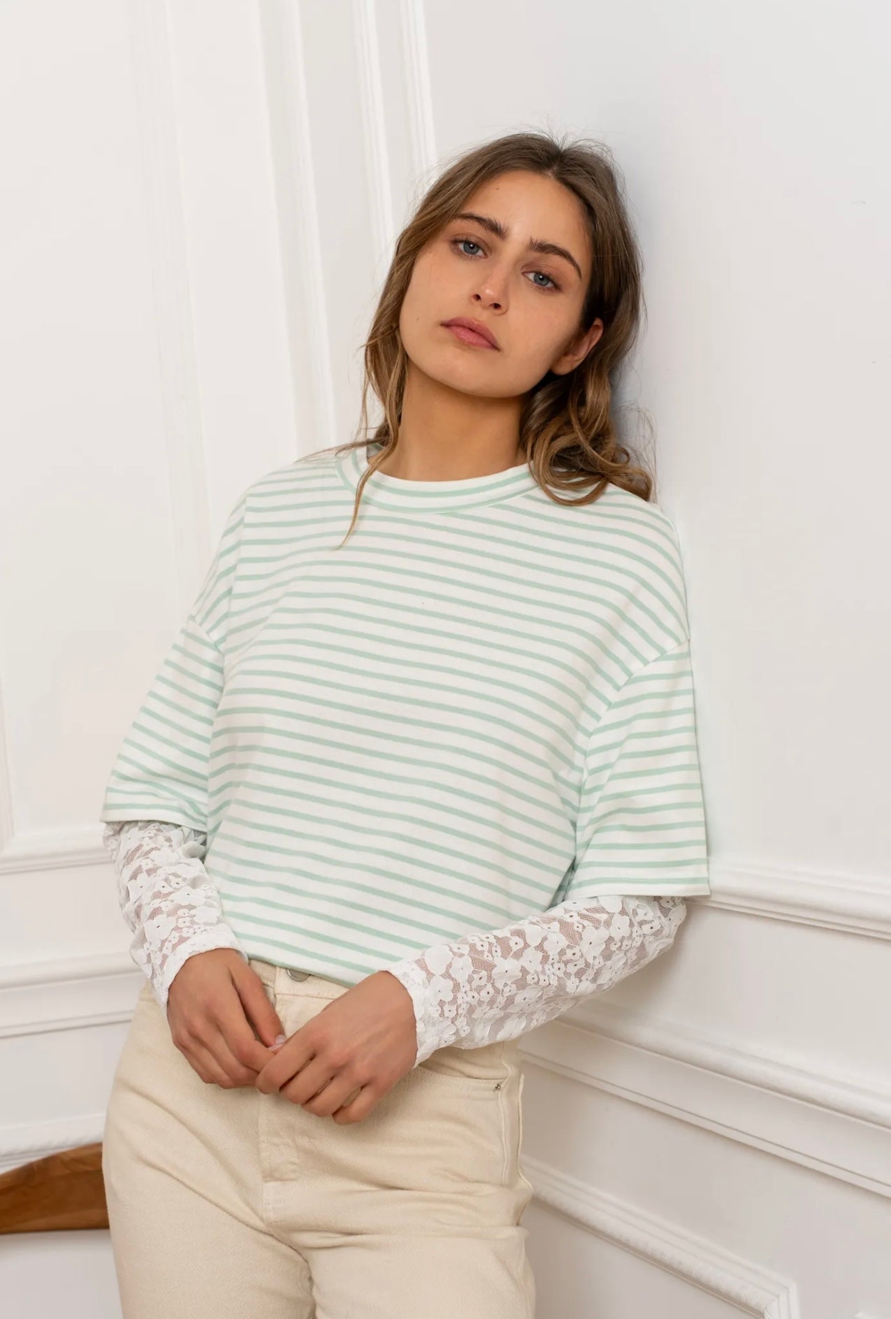 Lila Sage Green Striped Lace Detail Top