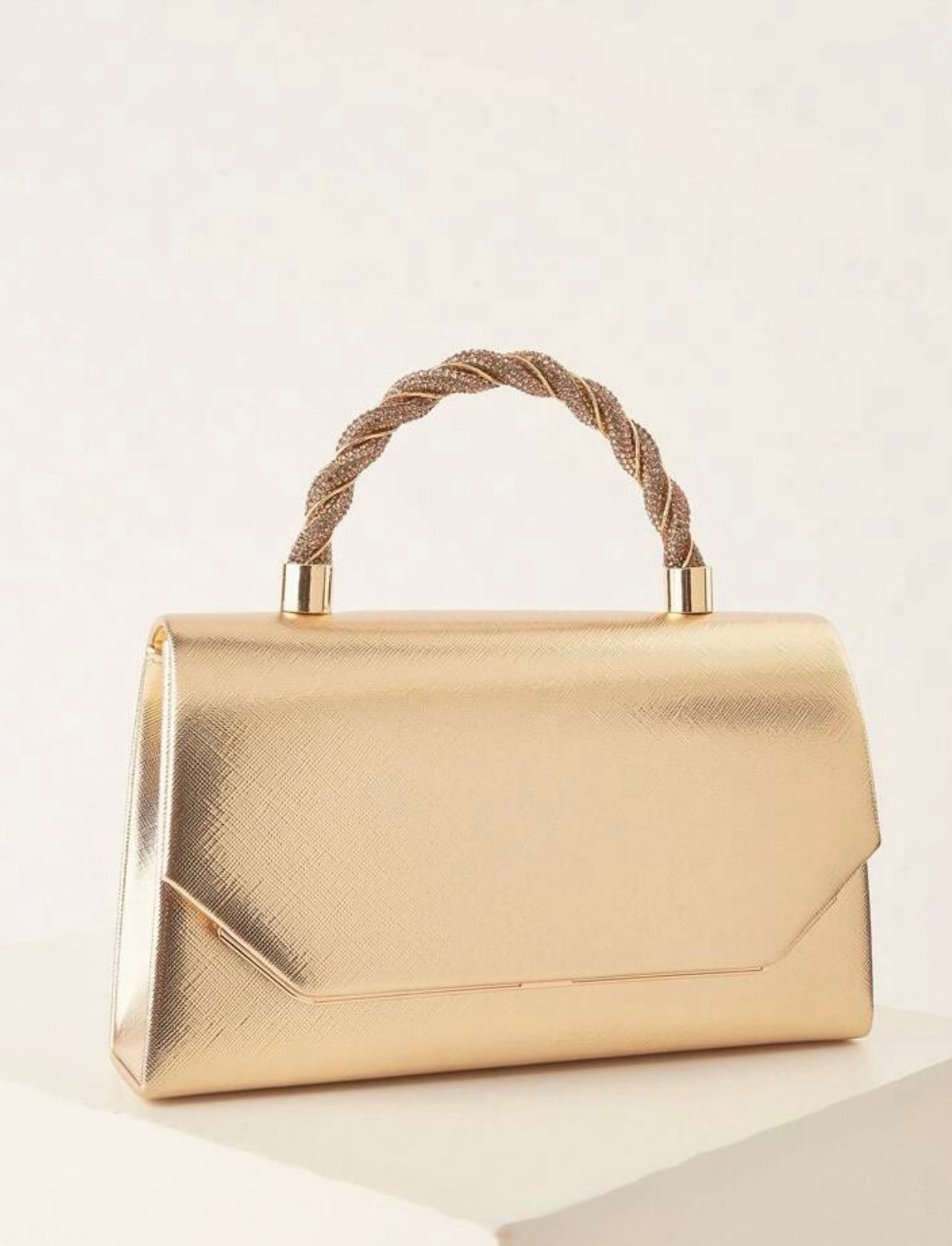 Gold Metallic Handbag With Diamanté Handle