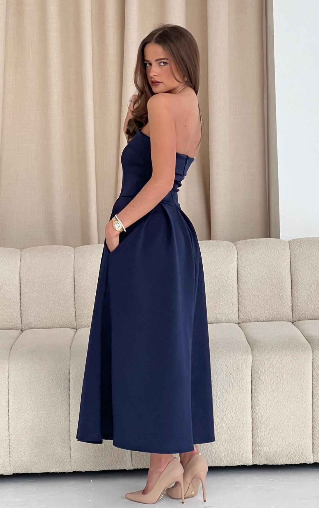 Danni Strapless Bandeau Midi Dress Navy