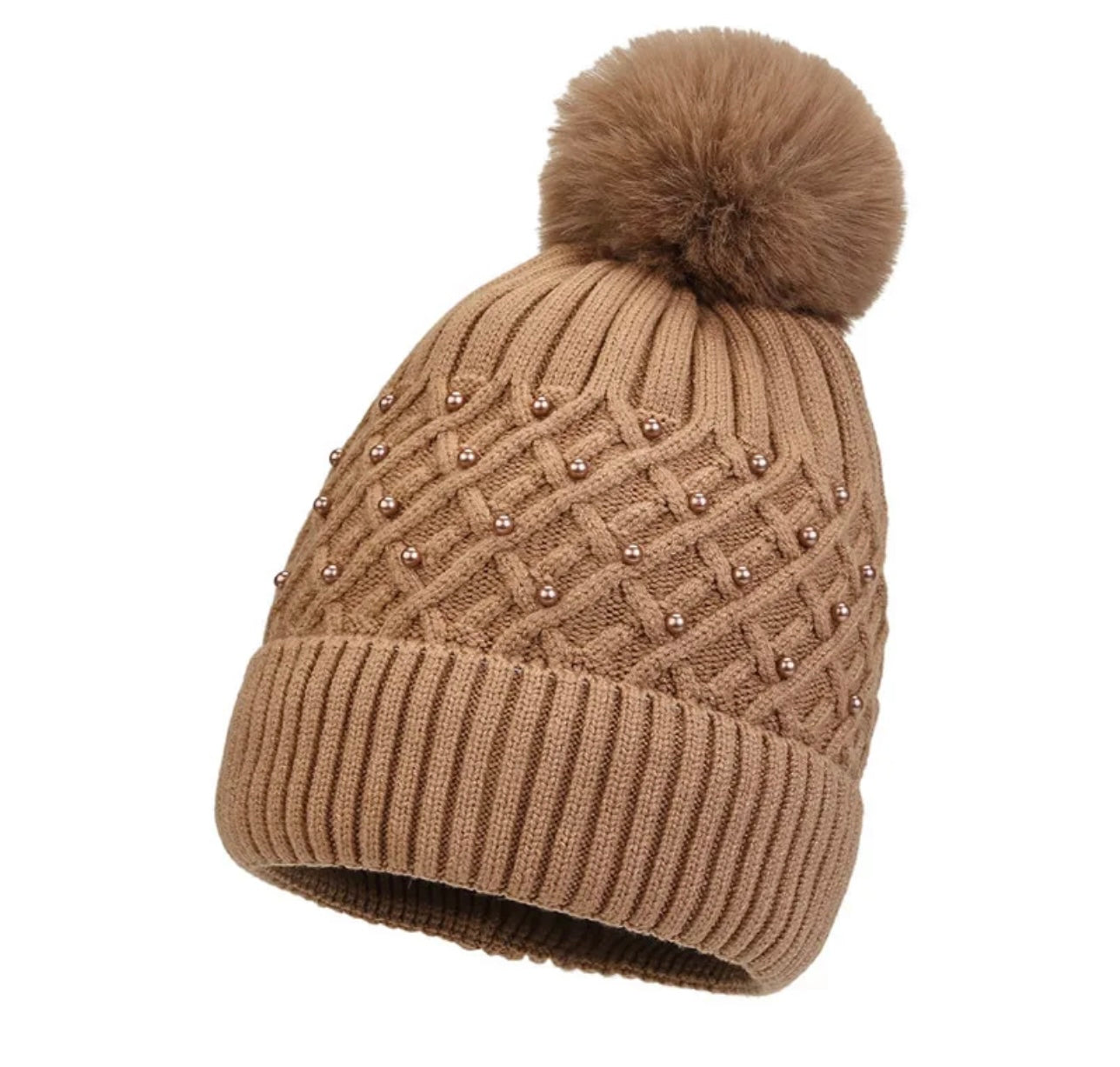 Taupe Pearl Fleece Lined Pom Hat