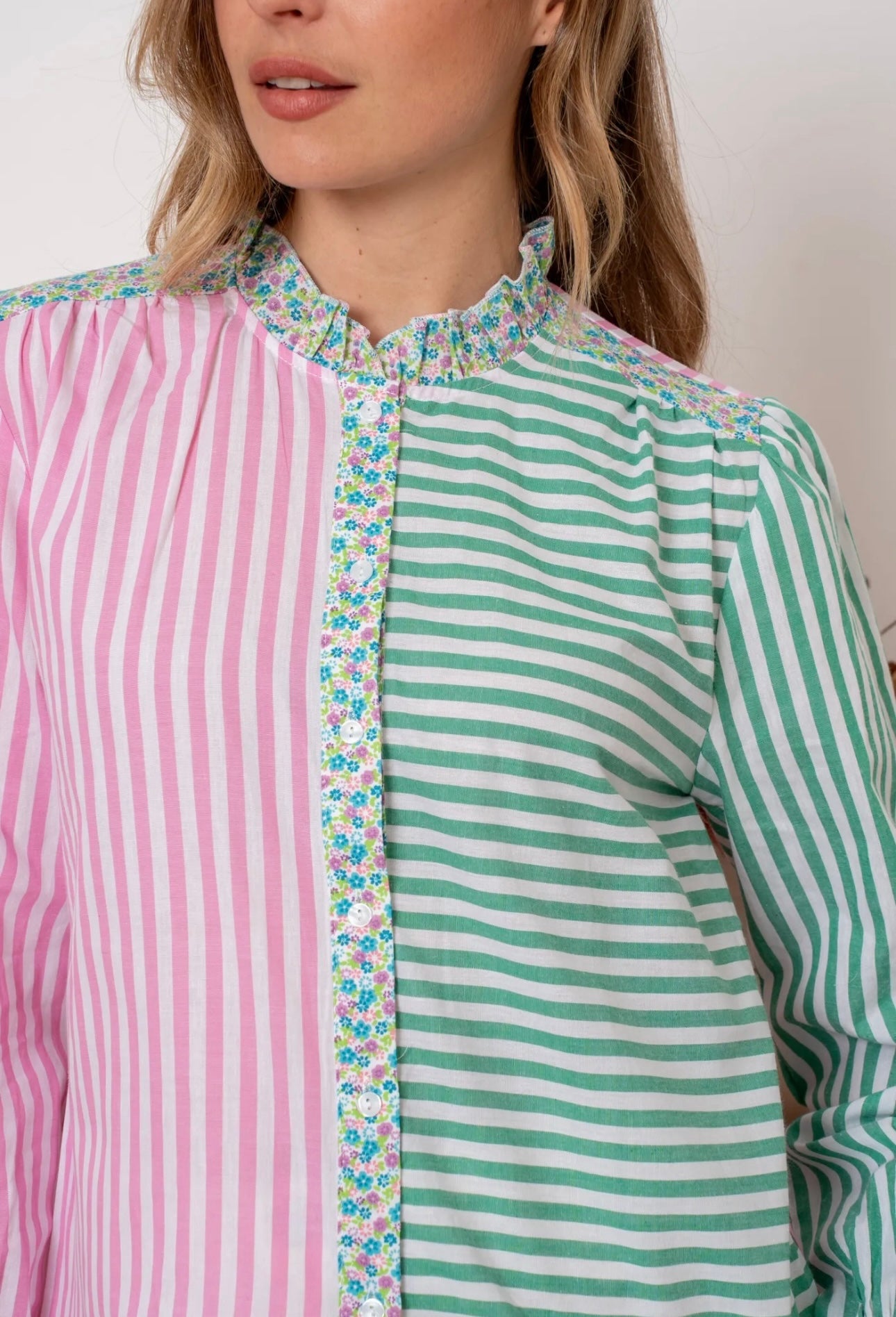 Michelle Fushia Pink & Green Striped Shirt