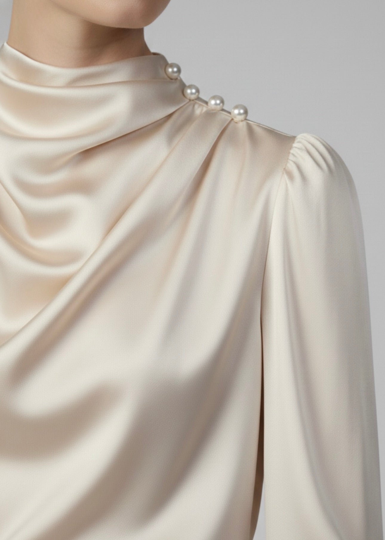 Champagne Satin Pearl Neck Blouse