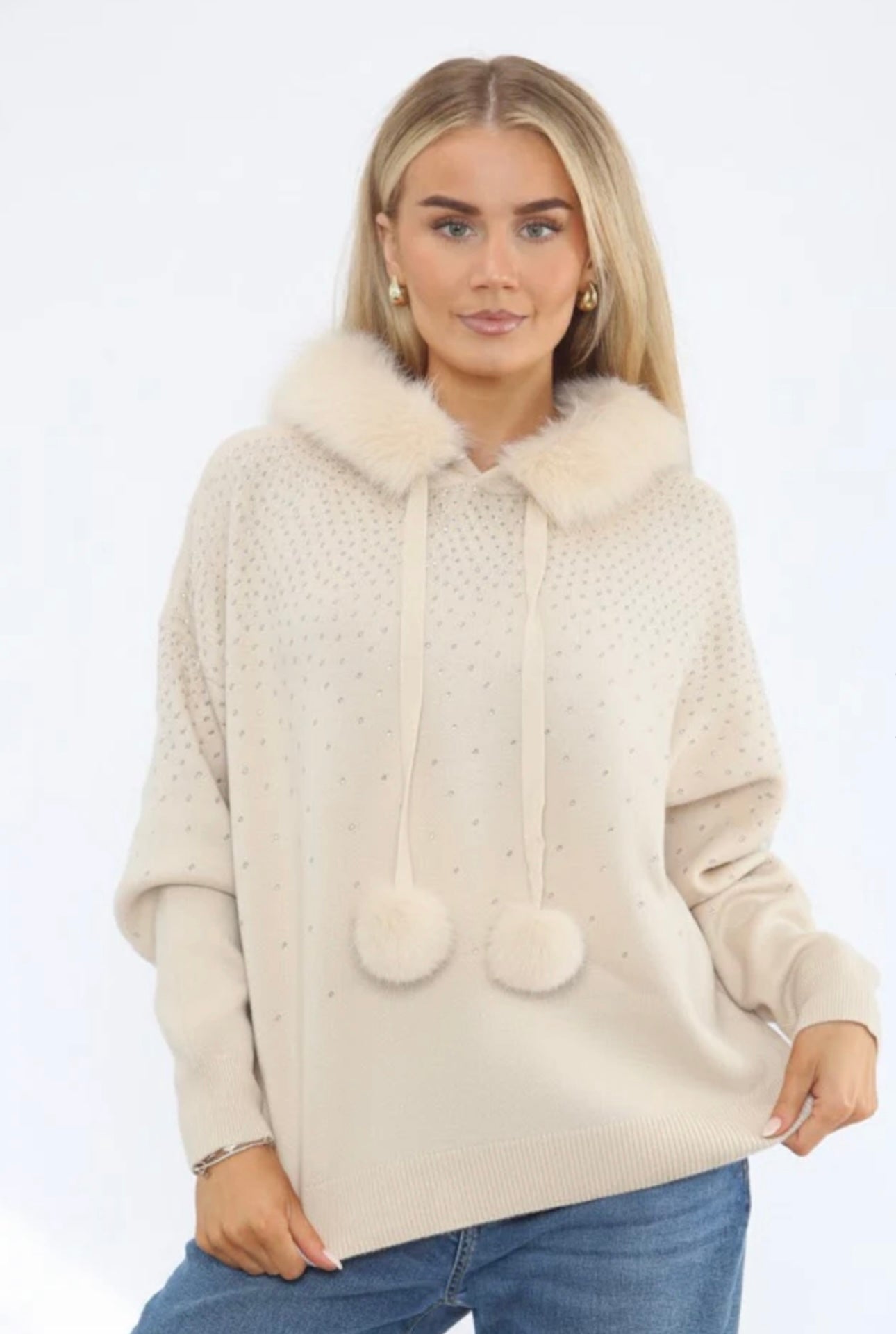Cream Diamanté Embellished Hoodie