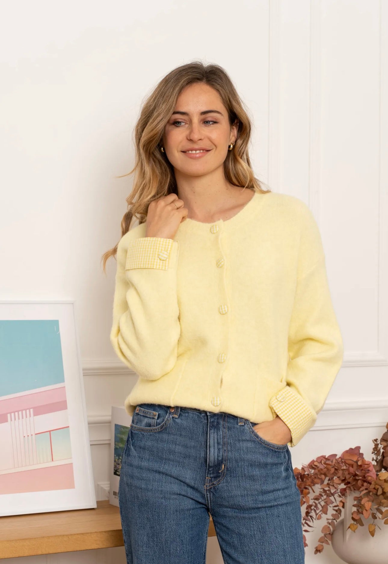 Faith Lemon Cardigan With Checked Detail