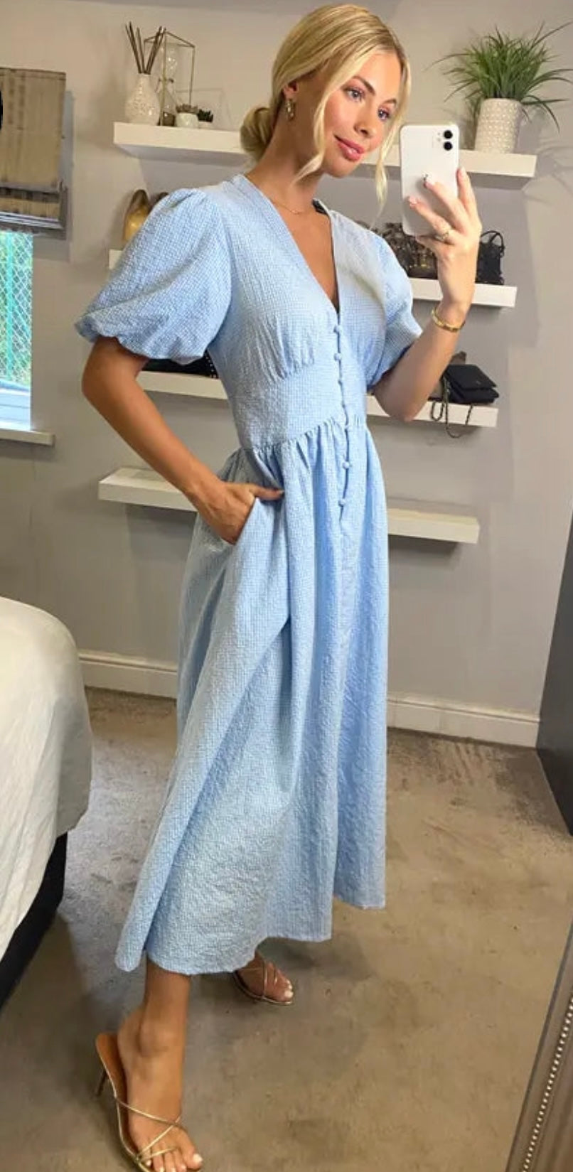 Karly Light Blue Checked Midi Dress (size 8-10)