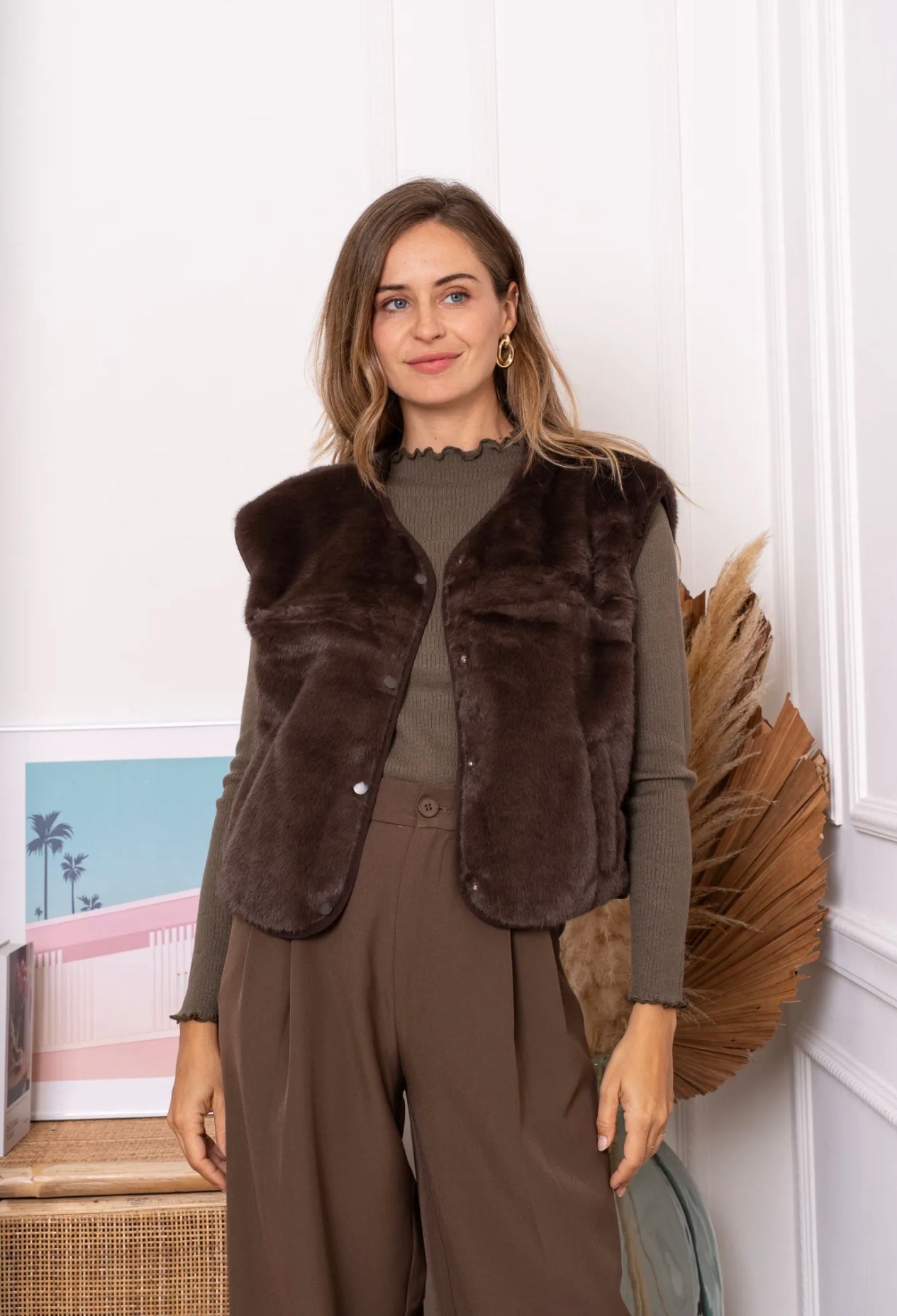 Brown Faux Fur Gilet Waistcoat