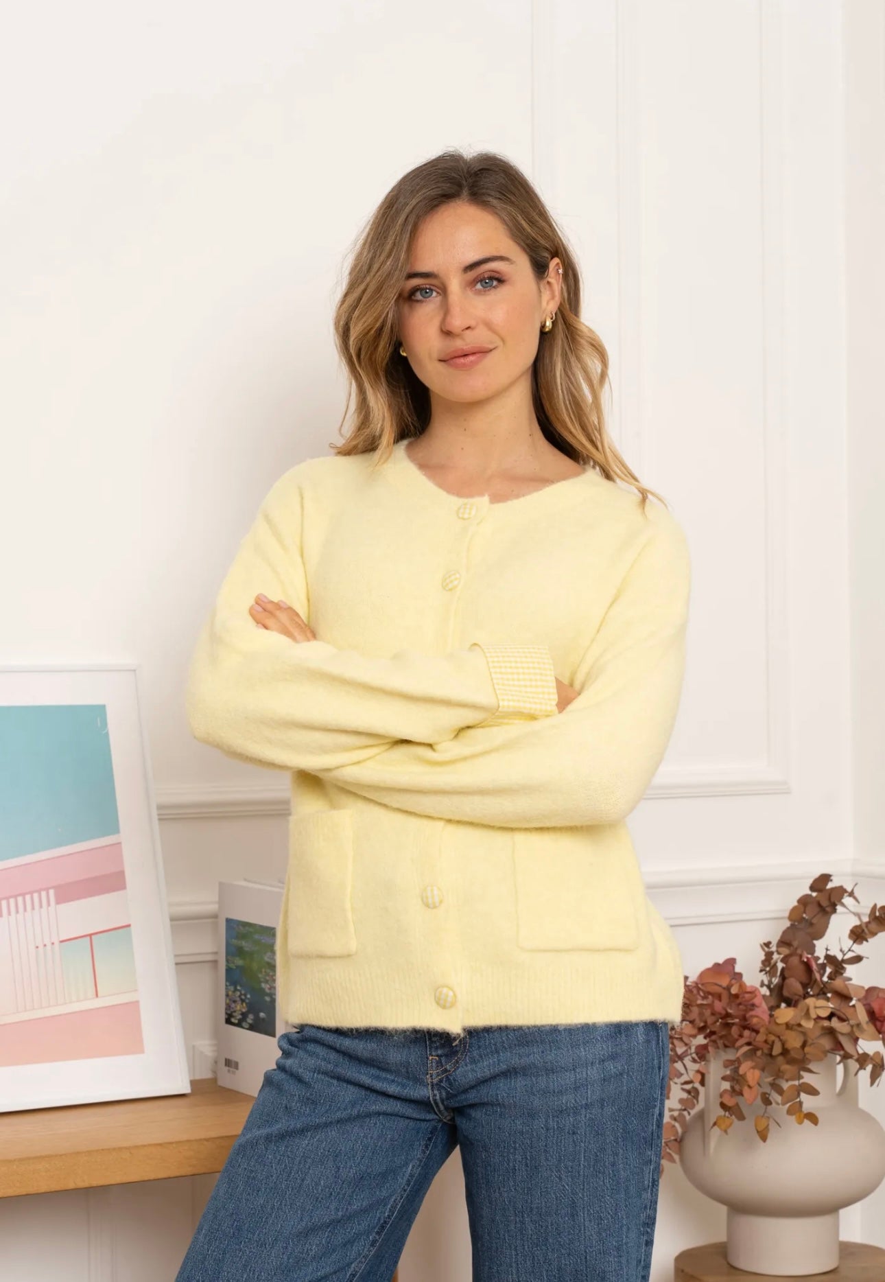 Faith Lemon Cardigan With Checked Detail