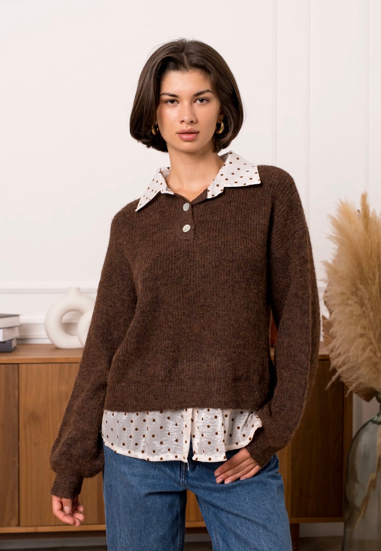 Brown & Cream Polka Dot Shirt Jumper