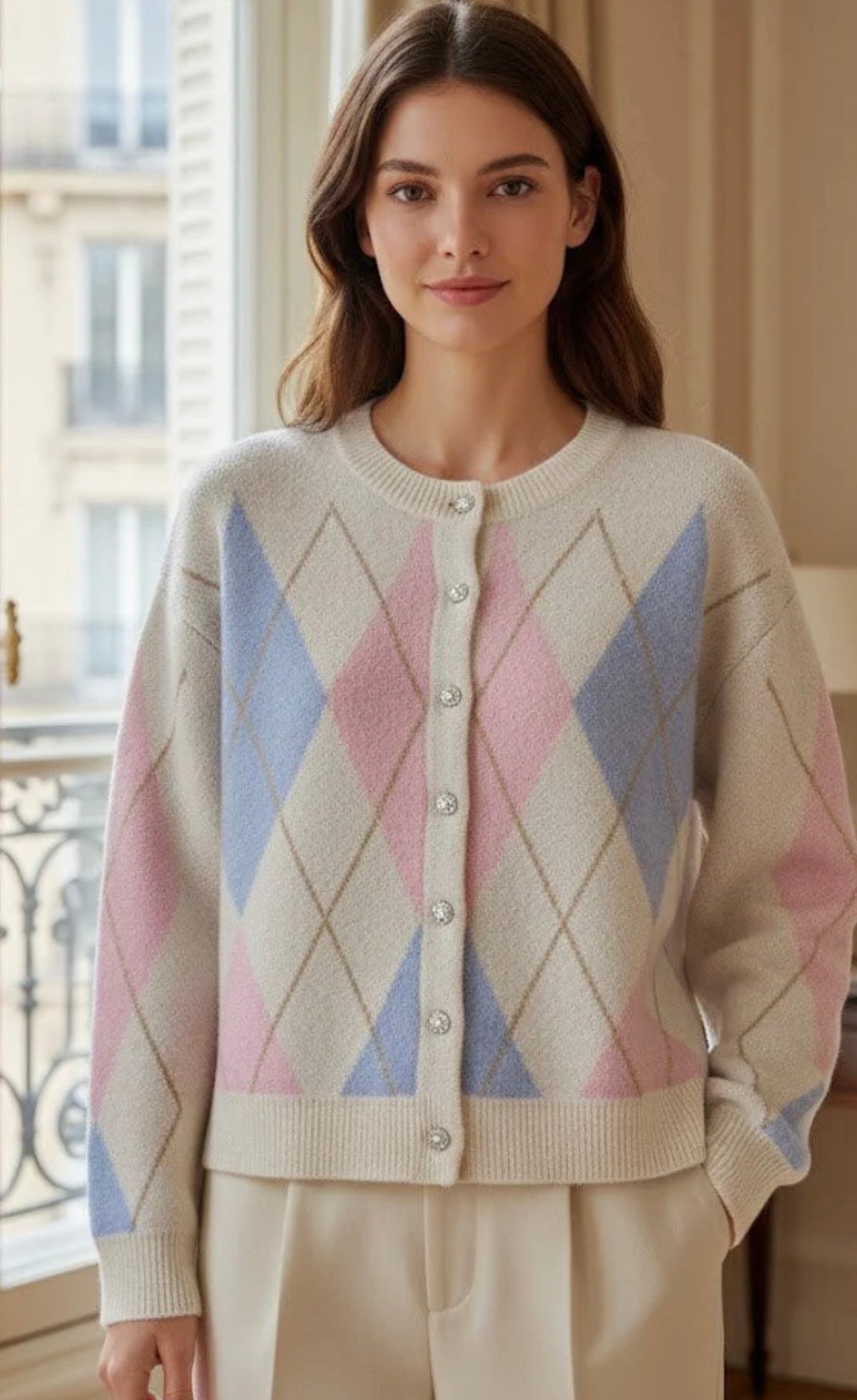 Gracie Cream Argyle Cardigan