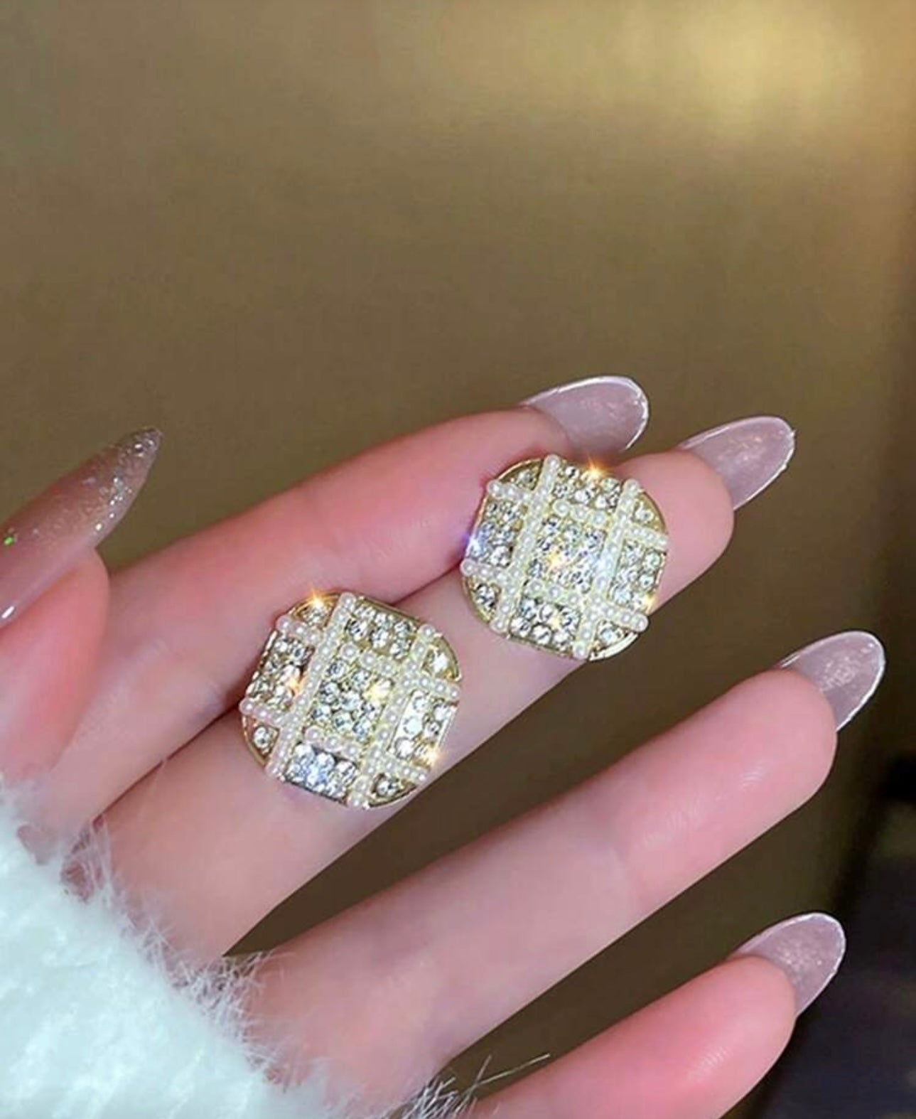 Square Pearl Gold Diamanté Earrings