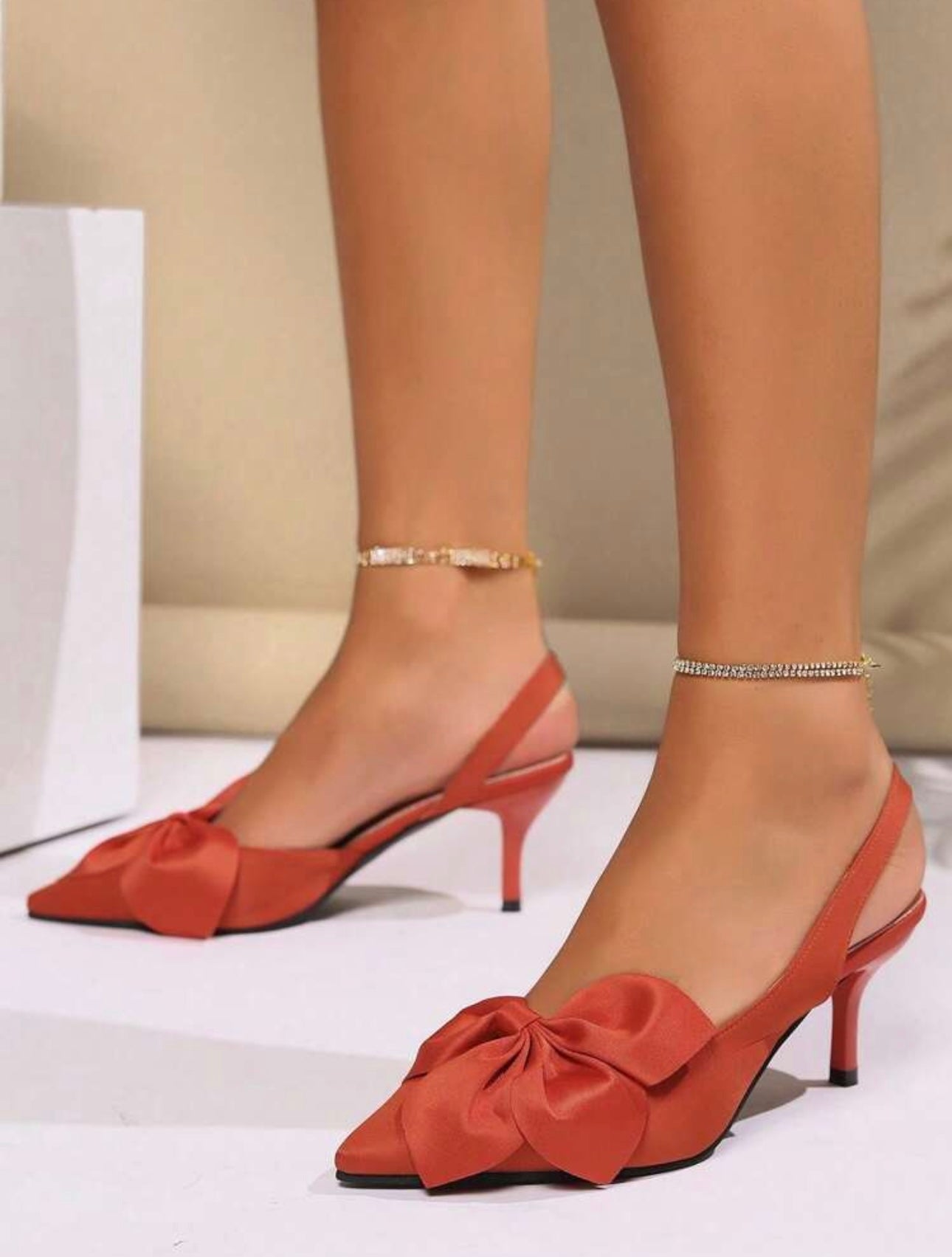 Victoria Orange Bow Detail Slingback Heels