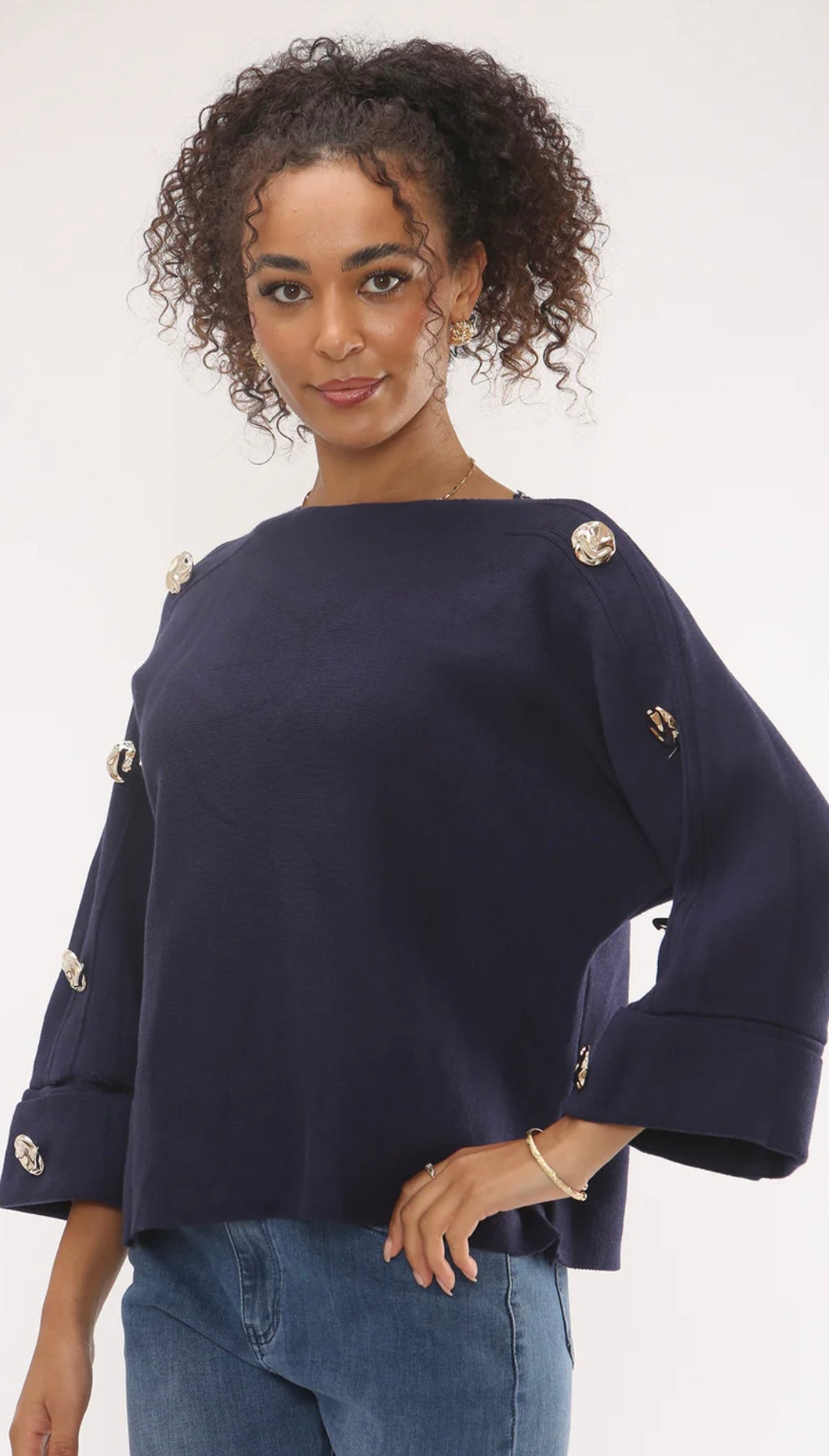 Navy Thick Knit Jumper With Gold Statement Buttons