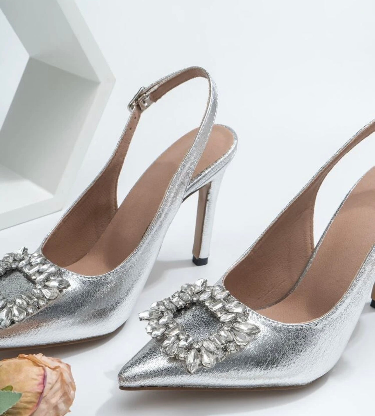 Silver Diamanté Detail Slingback Heels