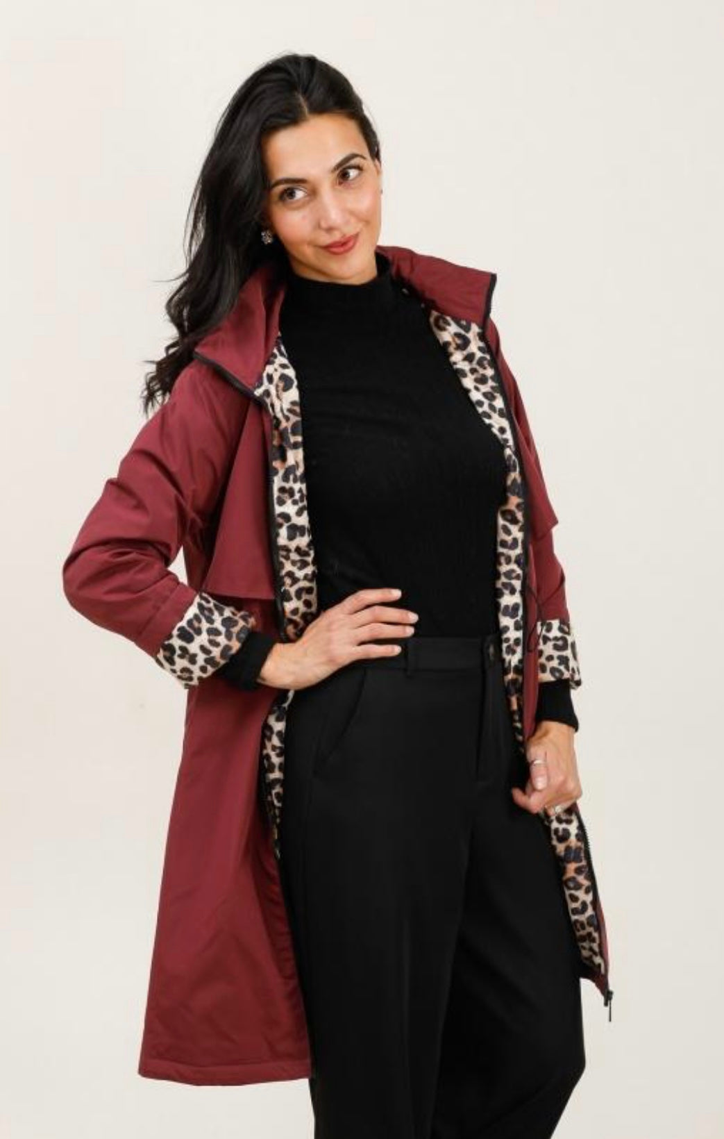 Burgundy Leopard Print Waterproof Coat