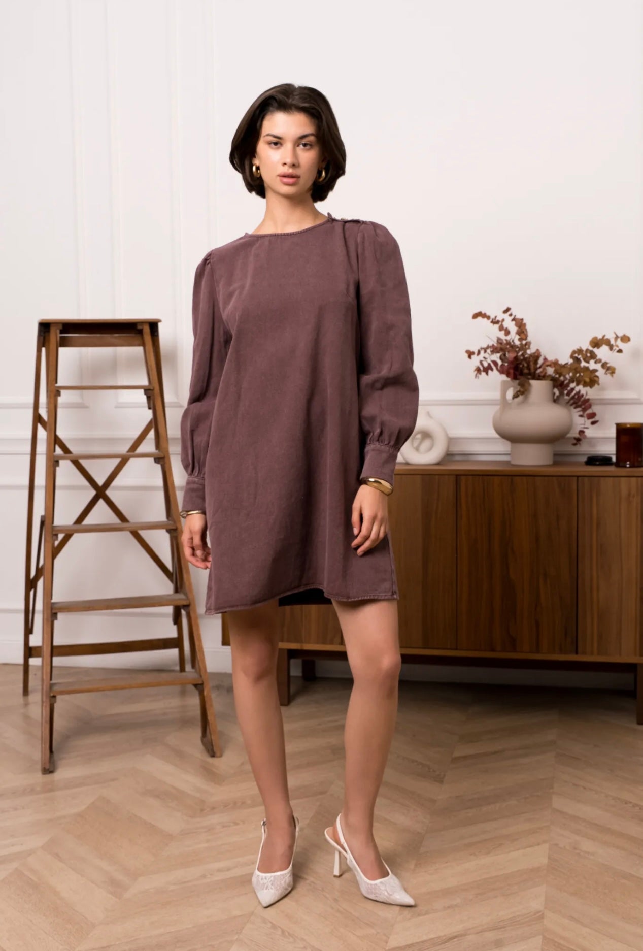 Chocolate Denim Dress With Gold Button Detail