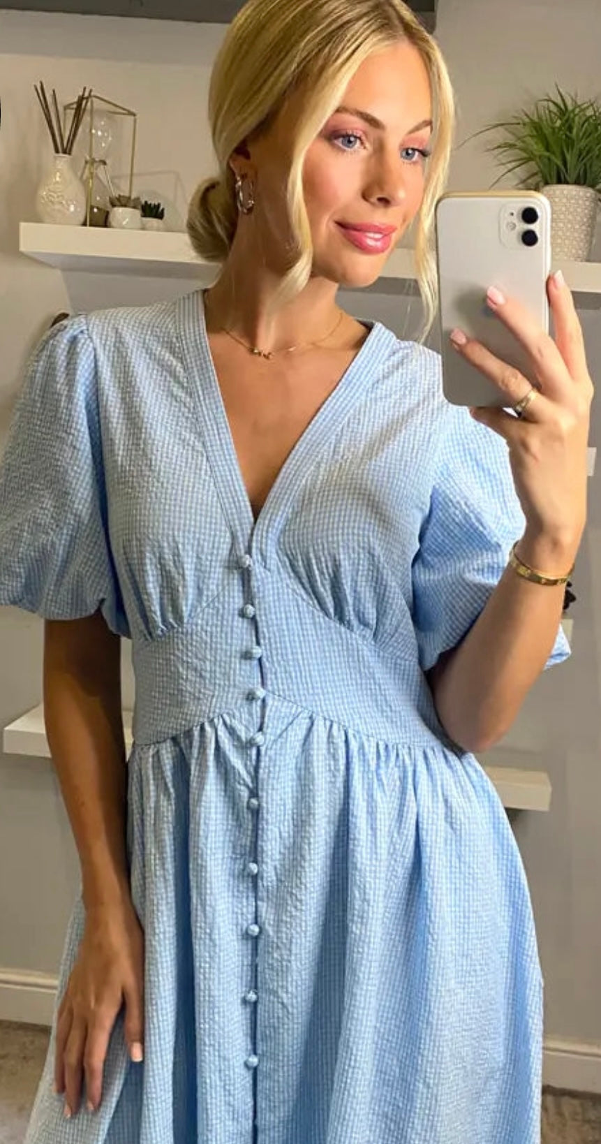 Karly Light Blue Checked Midi Dress (size 8-10)