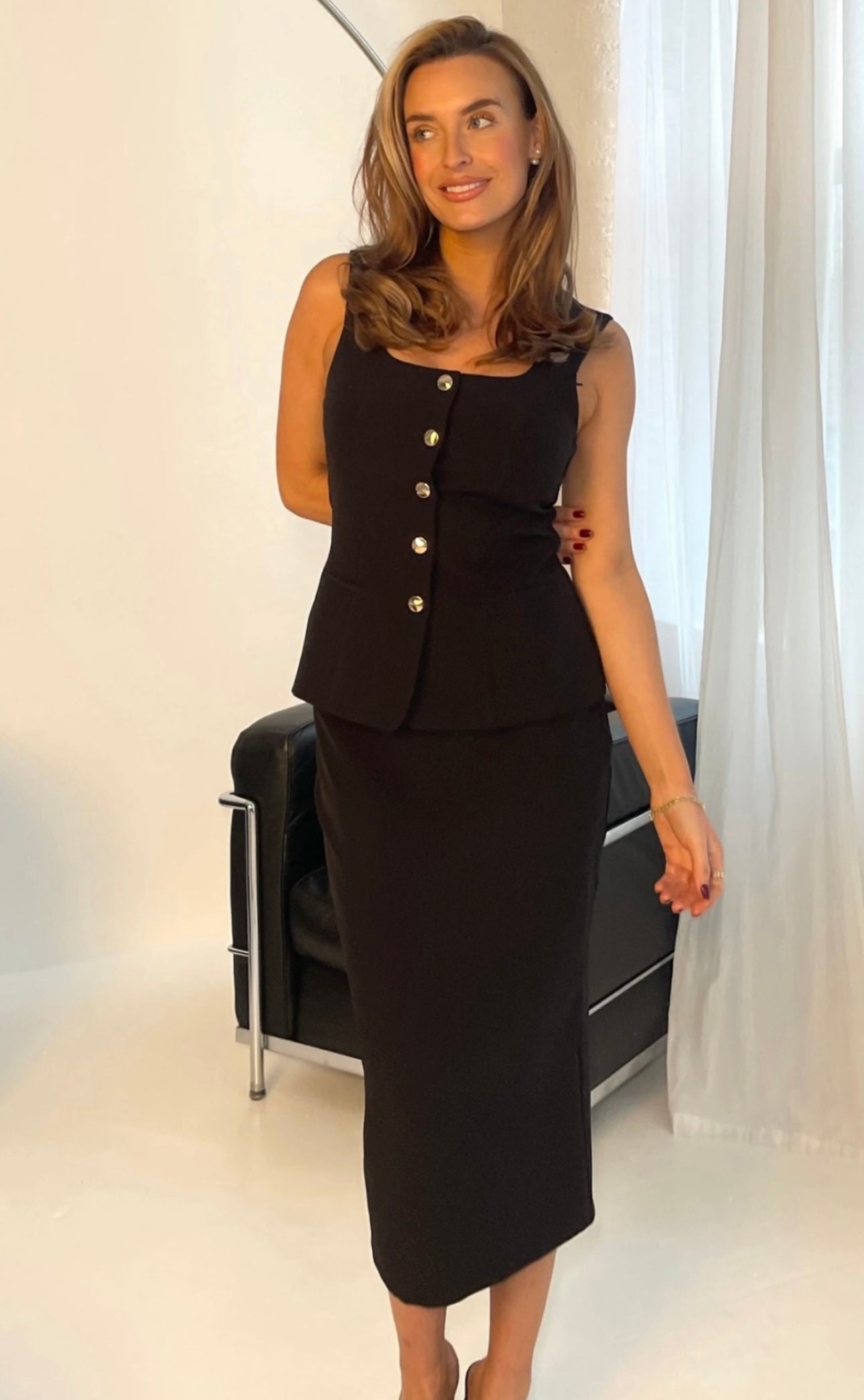 Jamie Black Waistcoat With Gold Button Appliqué