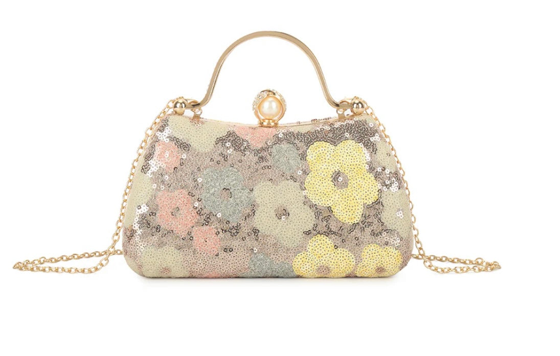 Gold Diamanté Handle Floral Sequin Bag