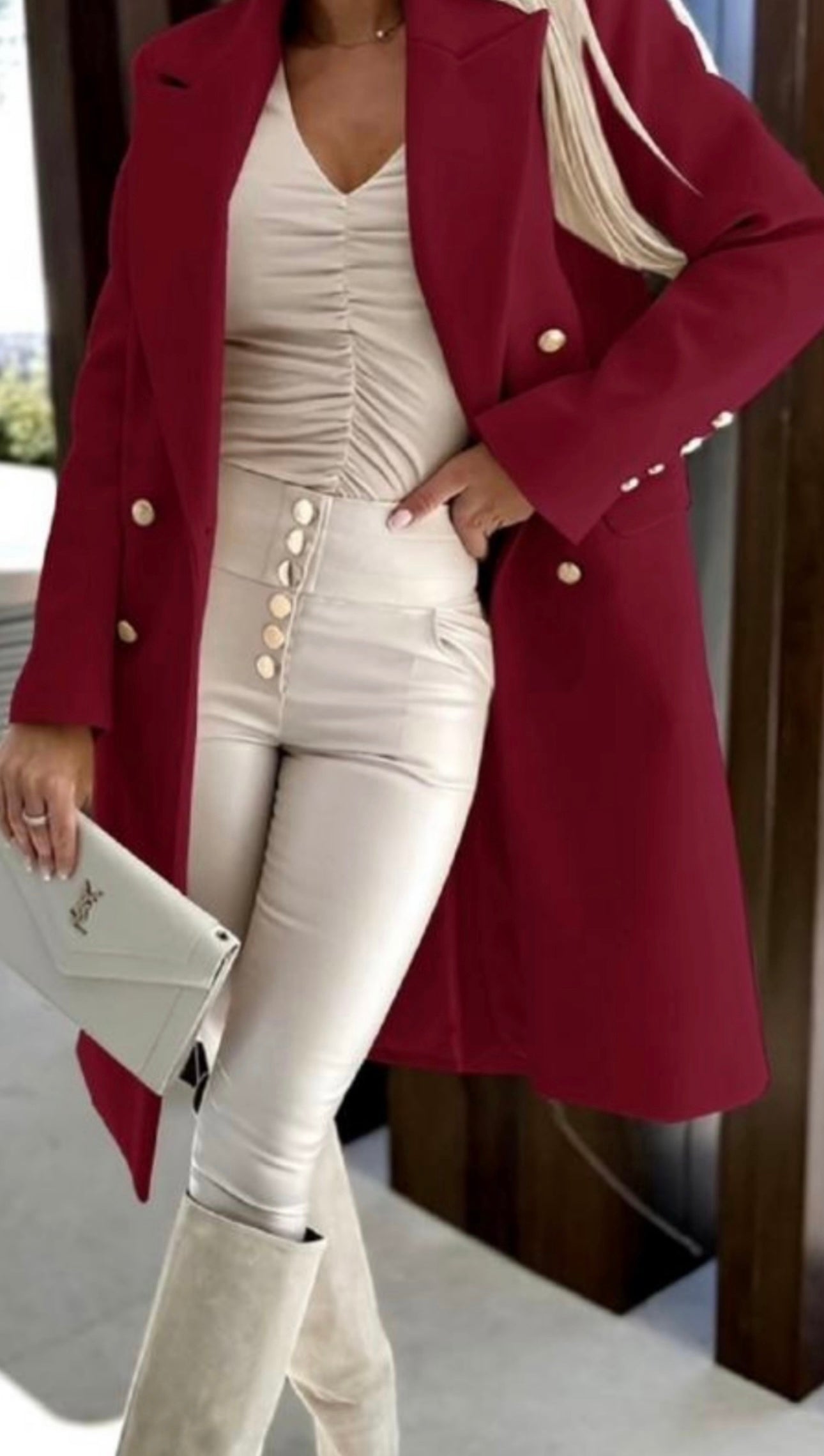 Burgundy Double Breasted Midi Coat