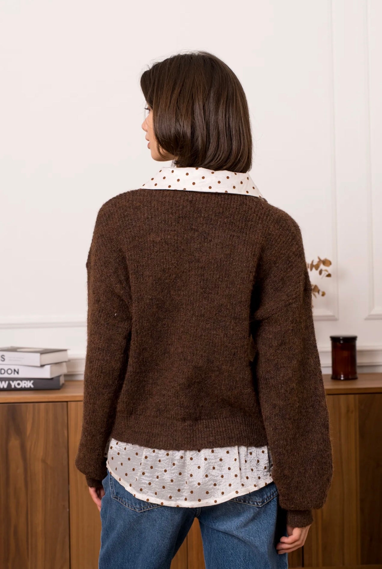 Brown & Cream Polka Dot Shirt Jumper