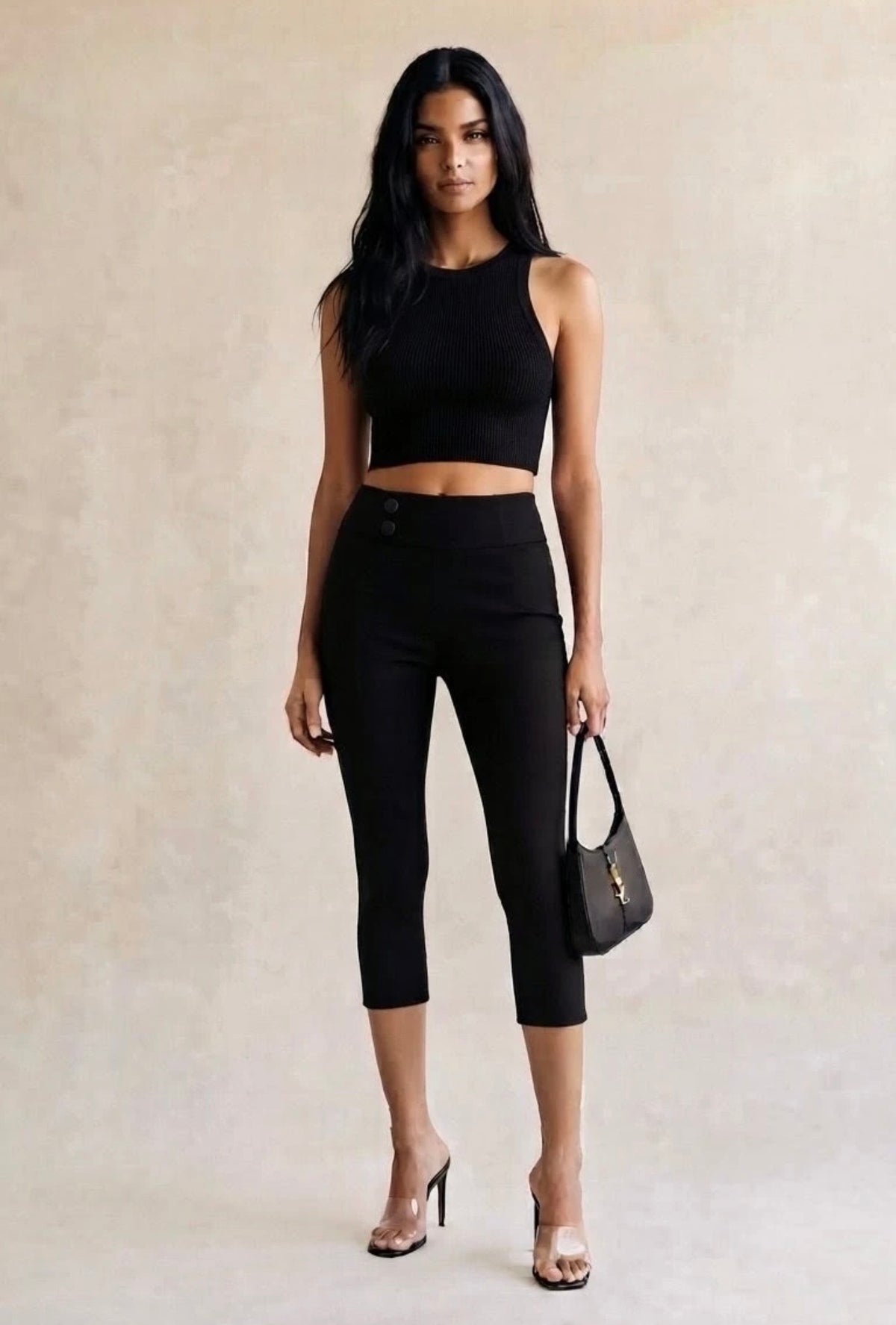 Black High Waist Slit Detail Capri Trousers