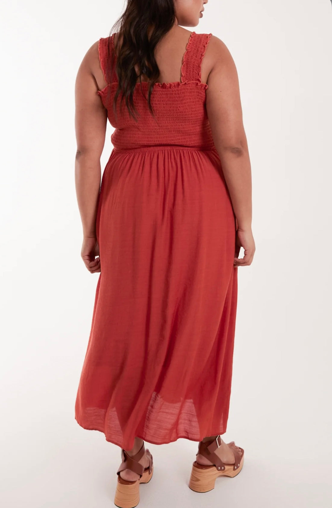Curve Burnt Orange Shirred Midi Dress (size 16,18,20)