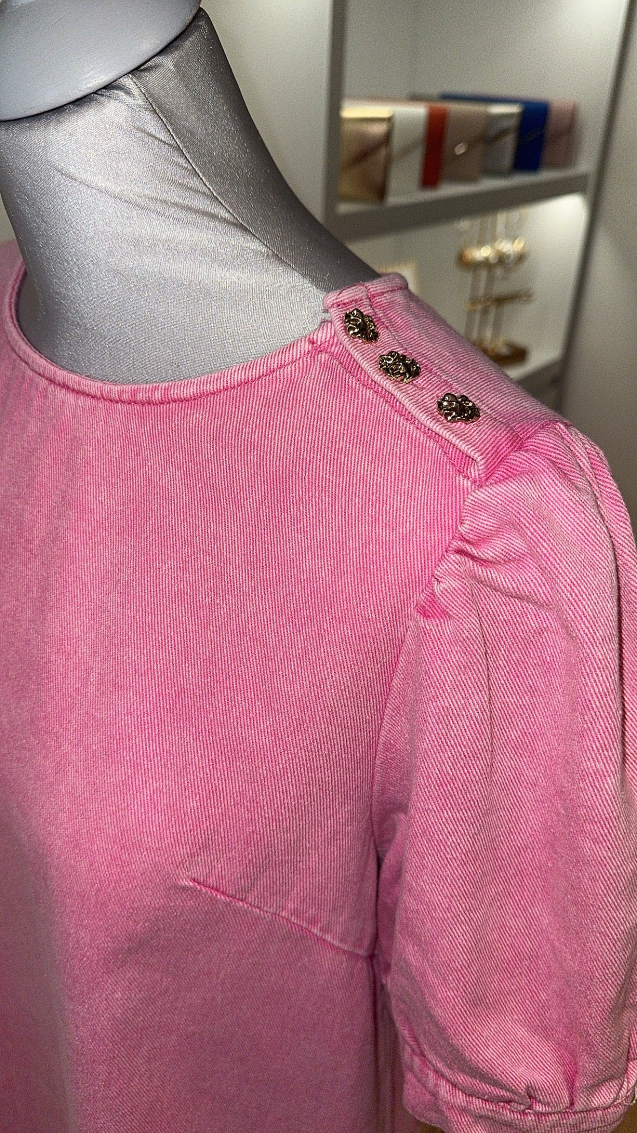 Fushia Denim Dress With Gold Button Detail