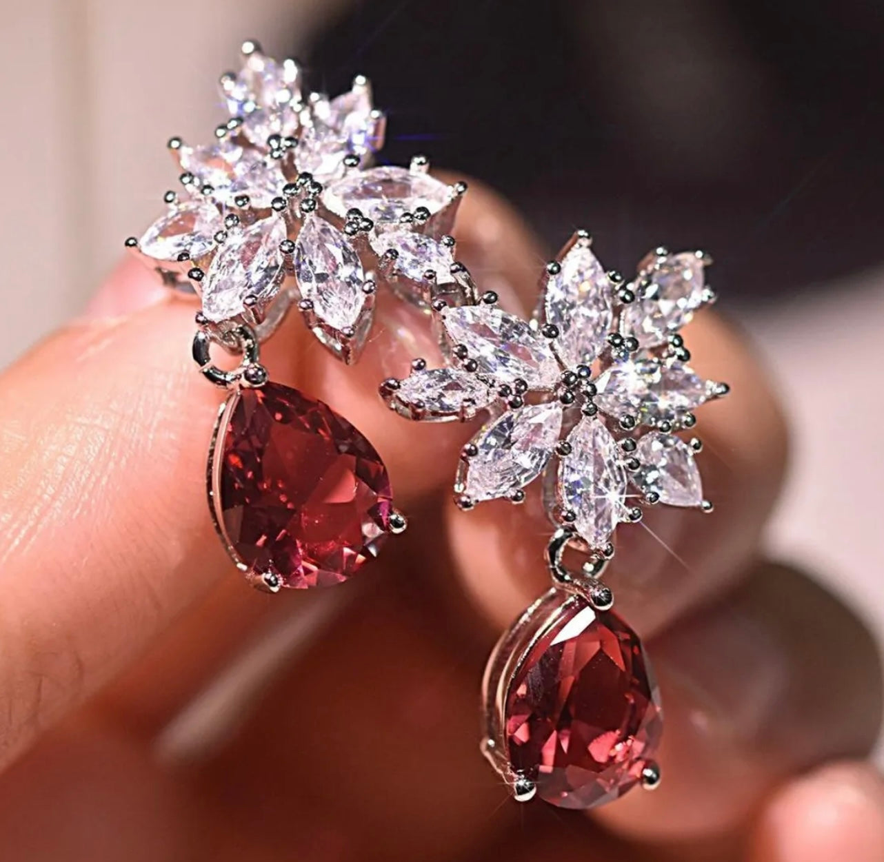Crystal & Red floral Occasion Earrings