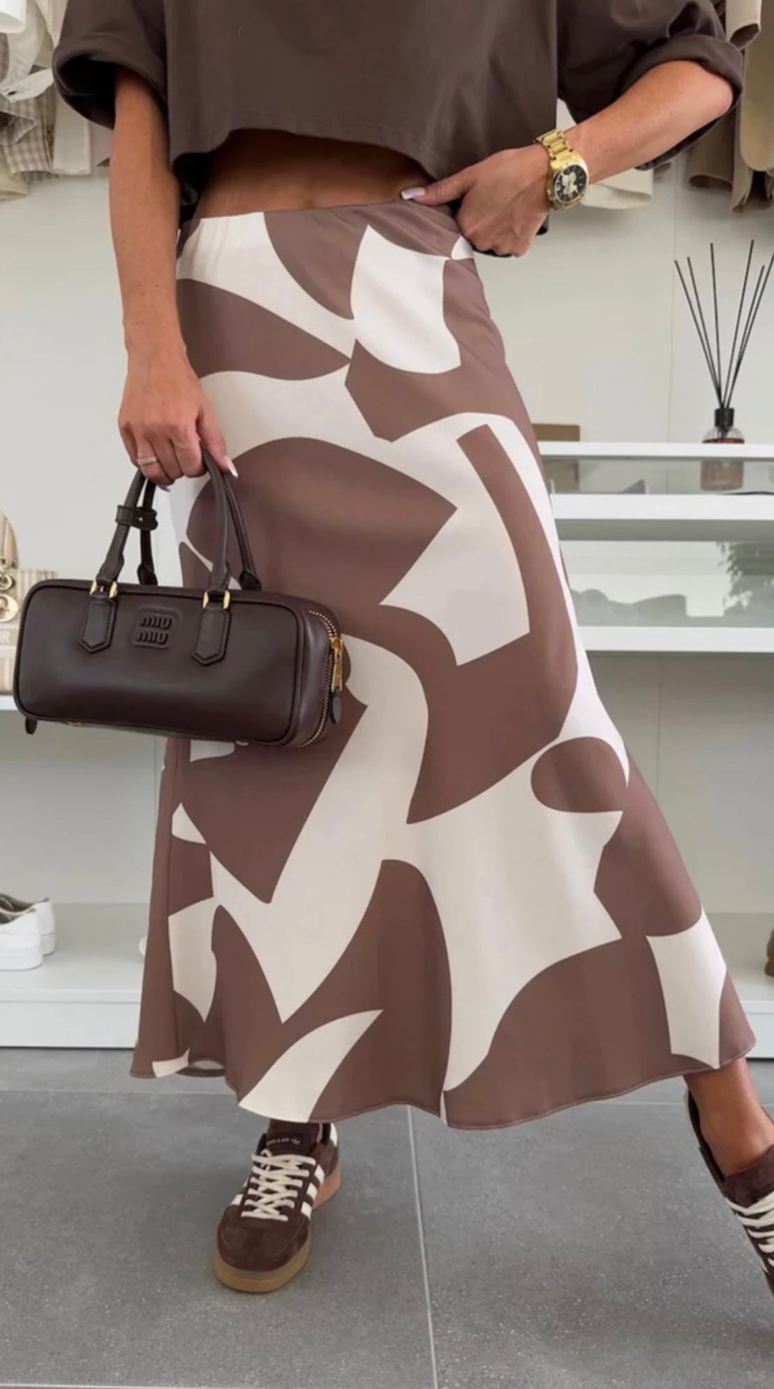 Cream & Brown Satin Skirt