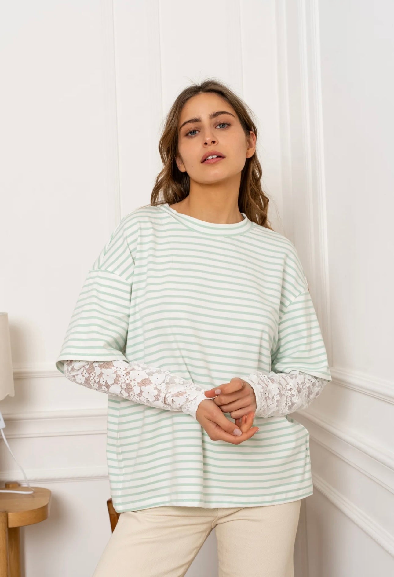 Lila Sage Green Striped Lace Detail Top