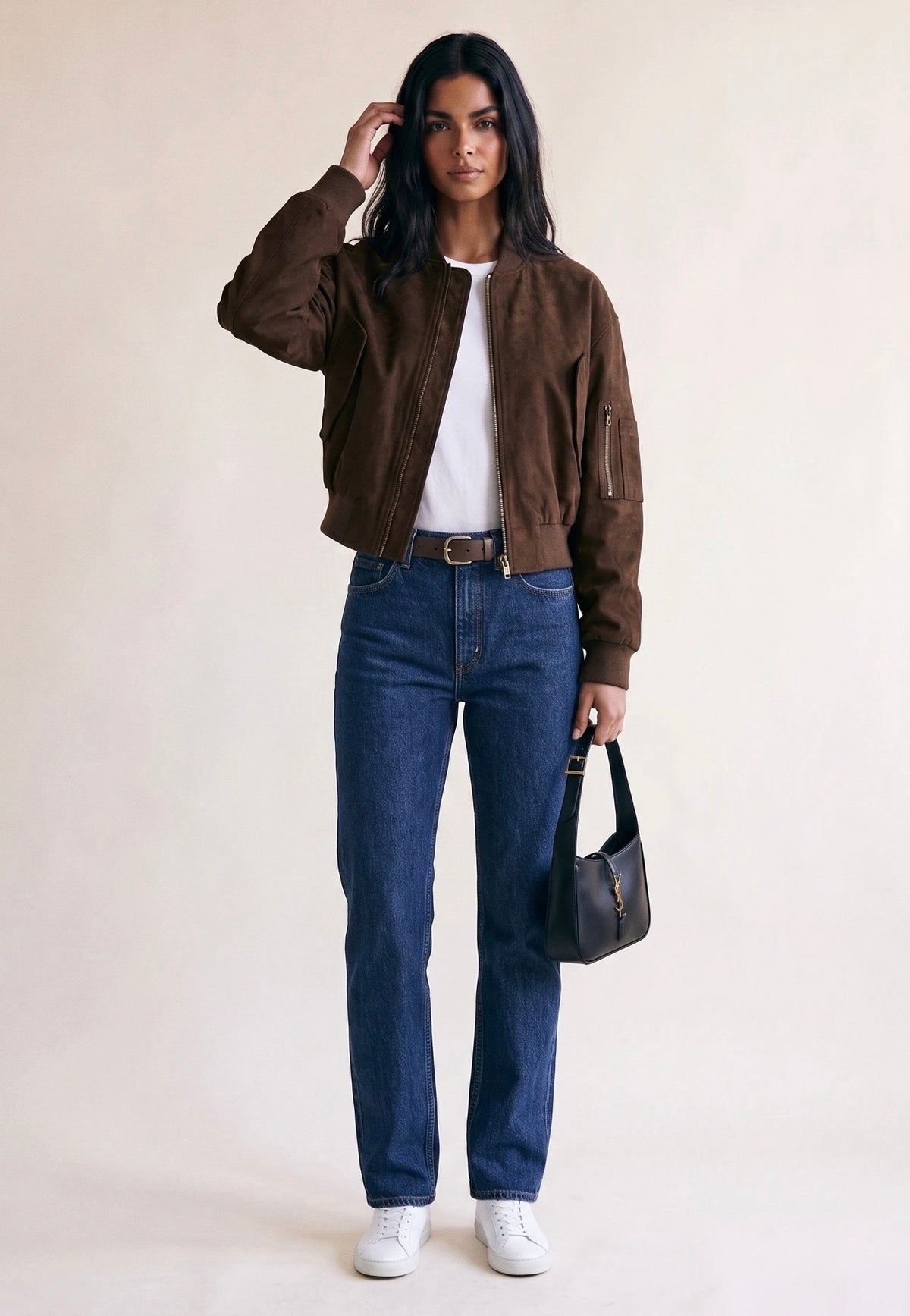 Brown Suede Cropped Bomber Jacket