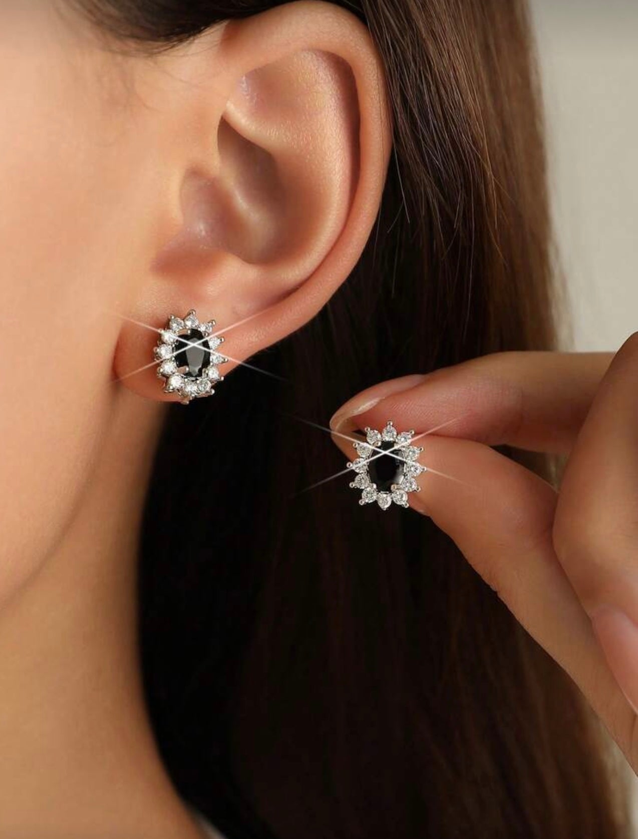 Silver & Black Diamanté Round Earrings