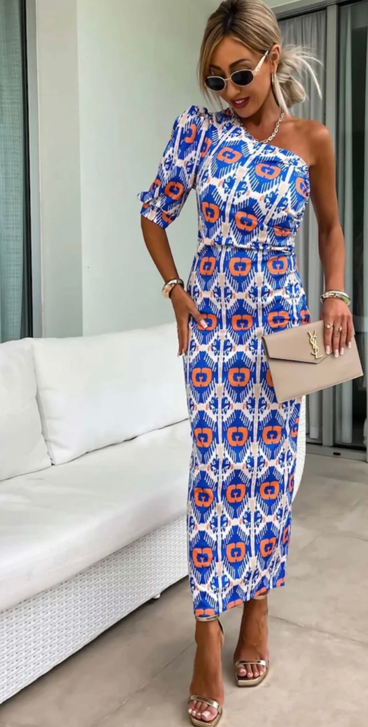 Charlotte Blue & Orange Aztec Print Midi Dress
