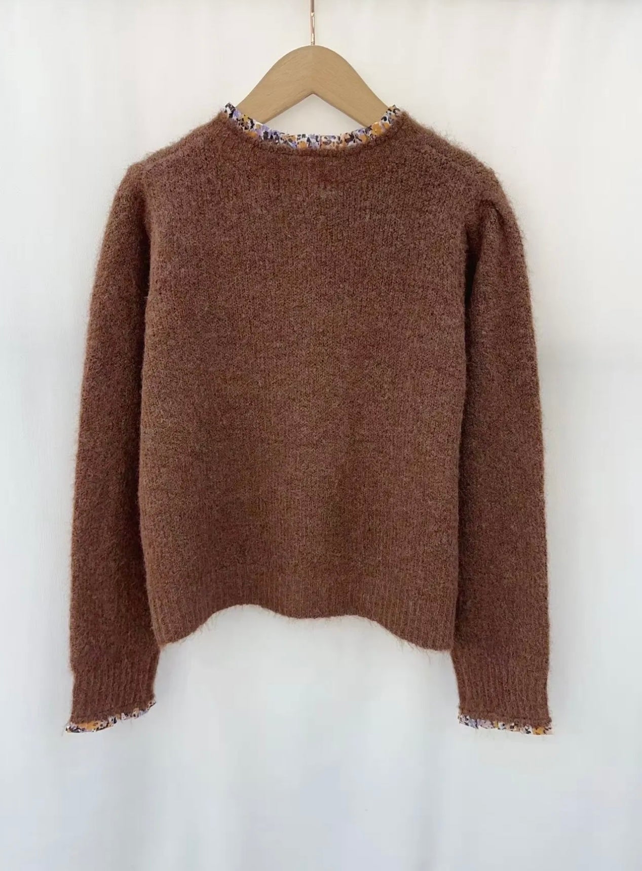 Brown Cardigan With Floral Collar & Button Detail