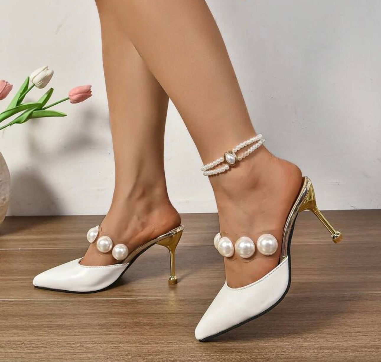 White Pearl Slip On Heels