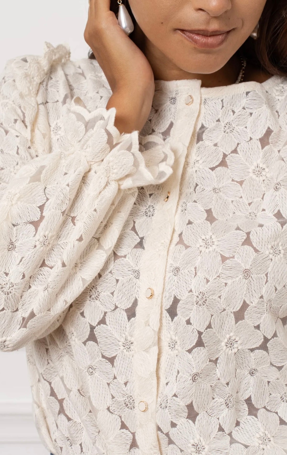 Cream Lace Top With Pearl Buttons