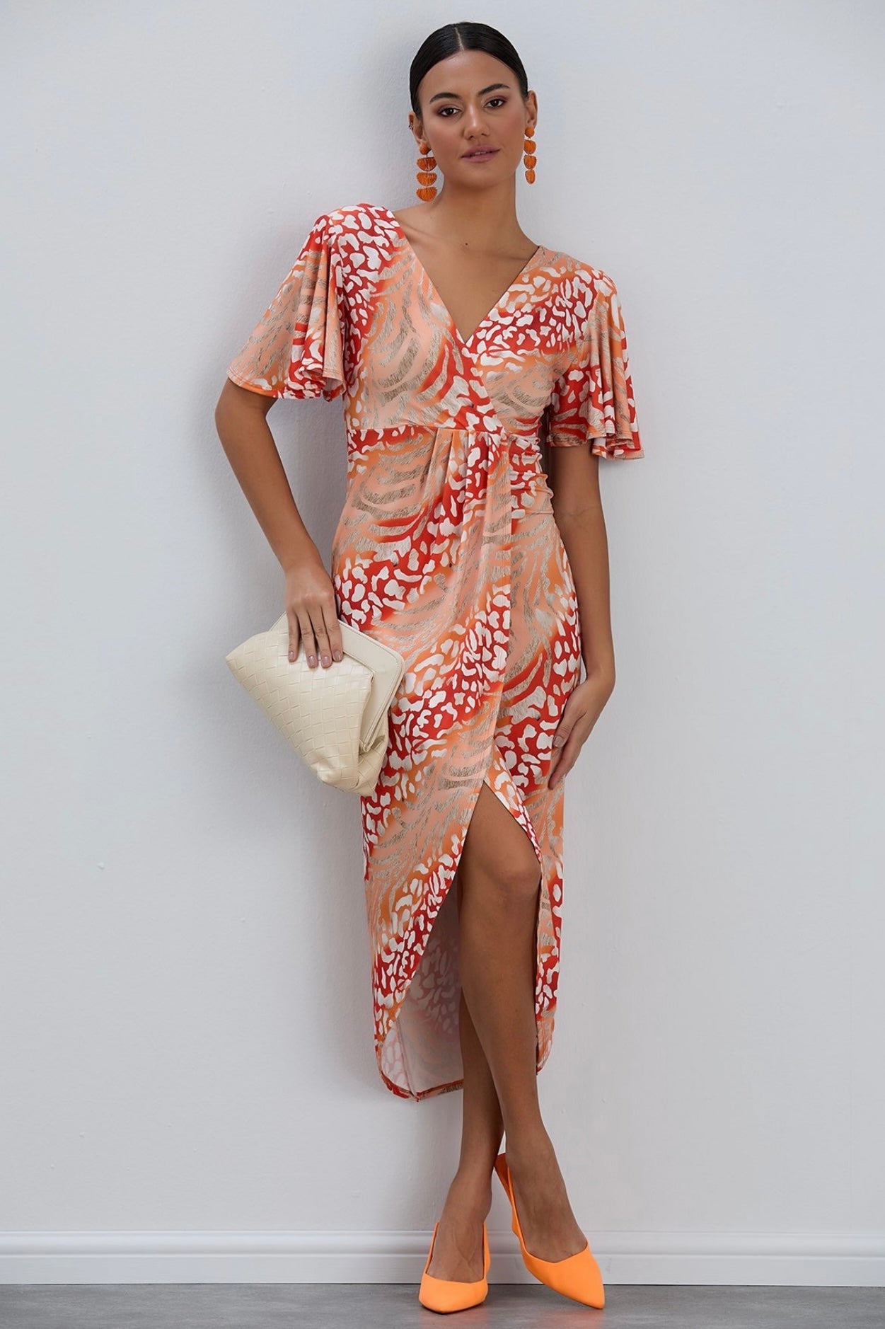 Kim Orange Leopard Print Wrap Midi Dress