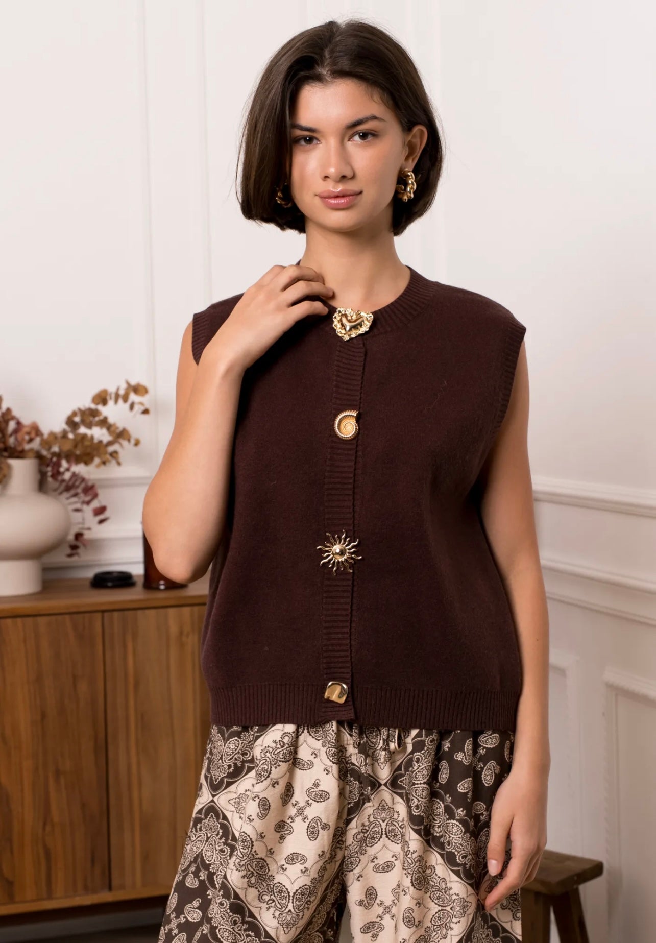 Brown Waistcoat With Statement Buttons
