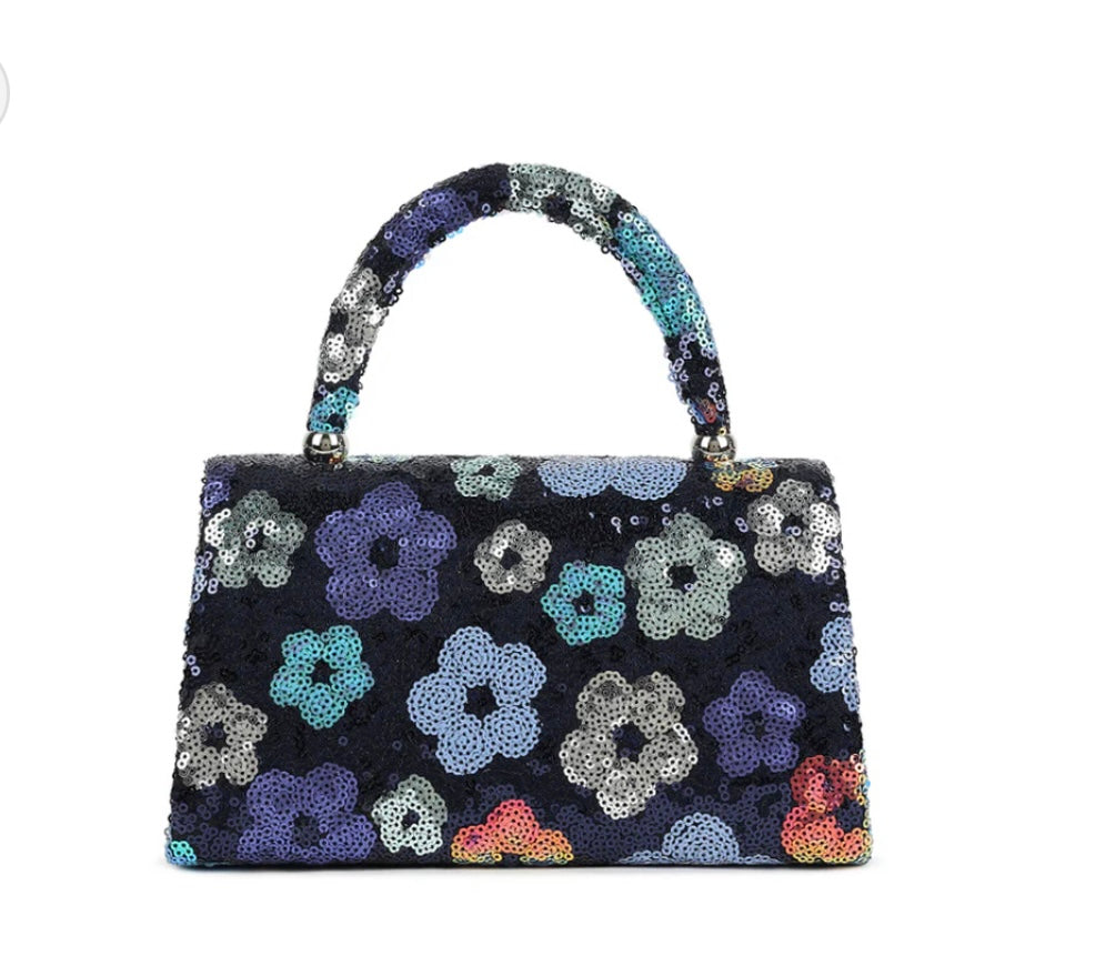 Navy Square Floral Sequin Bag