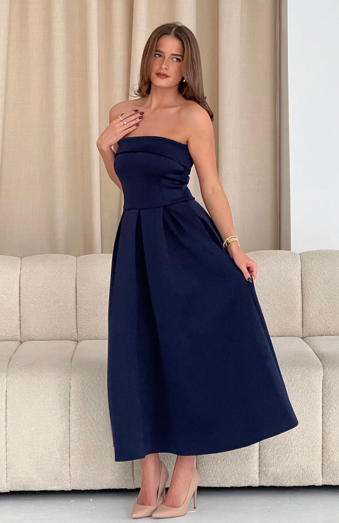 Danni Strapless Bandeau Midi Dress Navy
