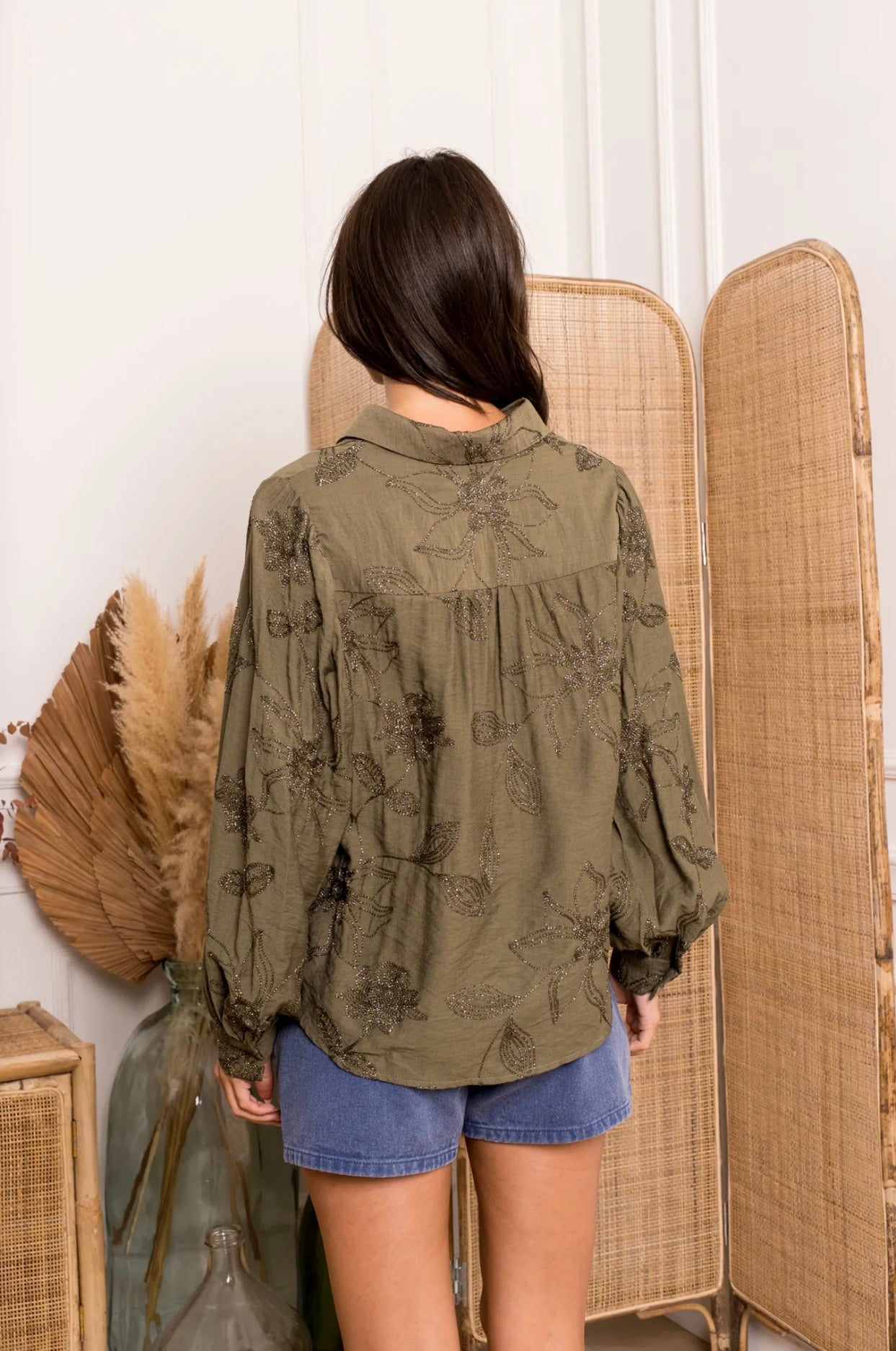 Khaki Metallic Embroidered Shirt