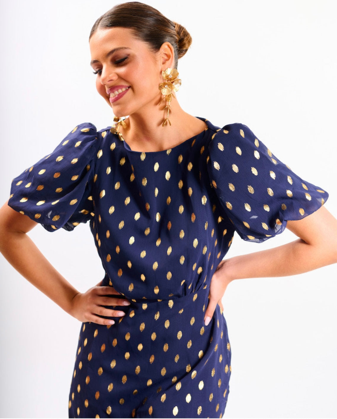 Claudia Navy Gold Foil Polka Dot Midi Dress