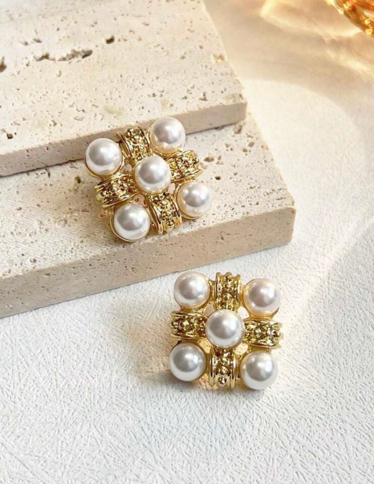 Pearl Square Gold Earrings