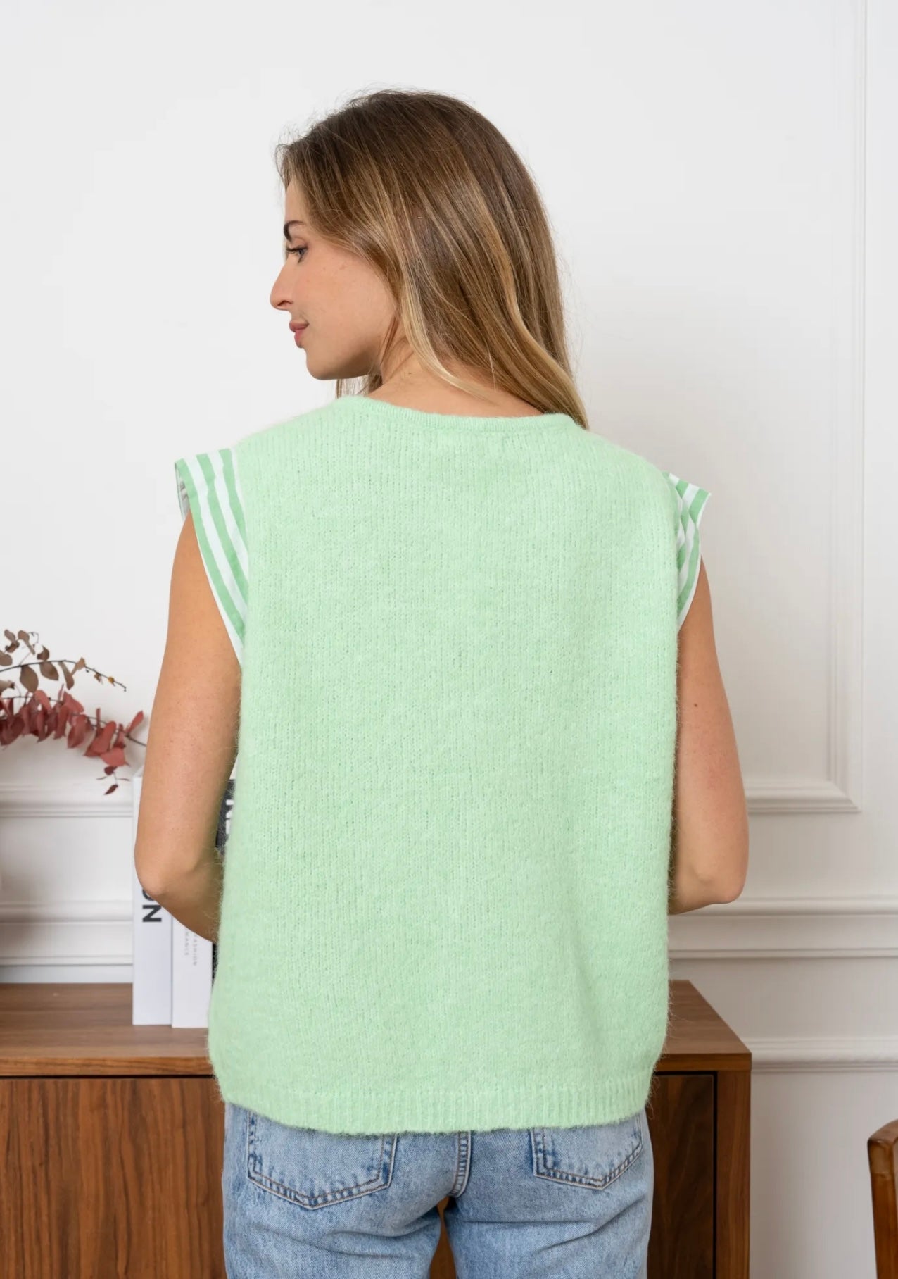 Cara Green & White Striped Waistcoat