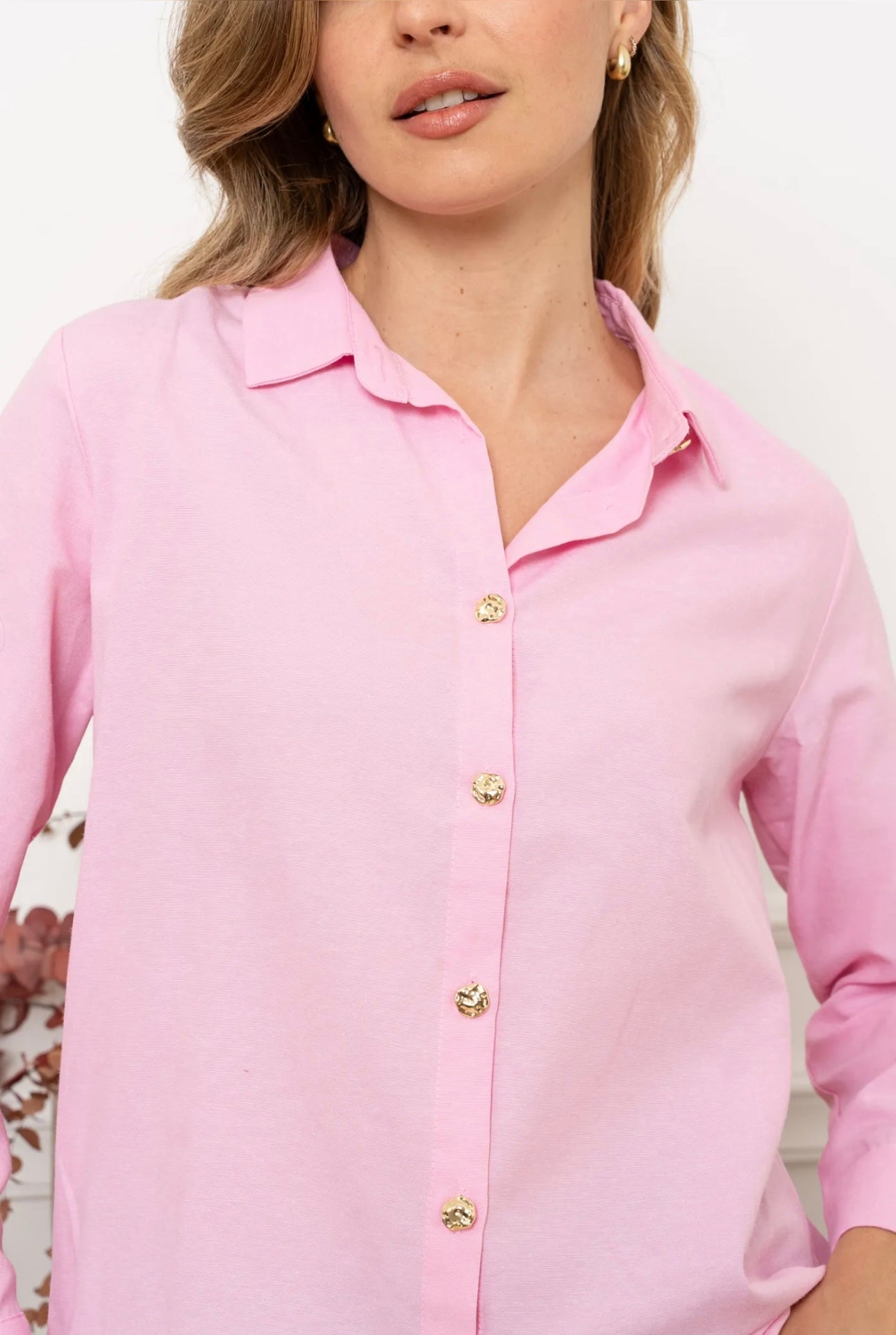 Pink Shirt With Gold Button Appliqué