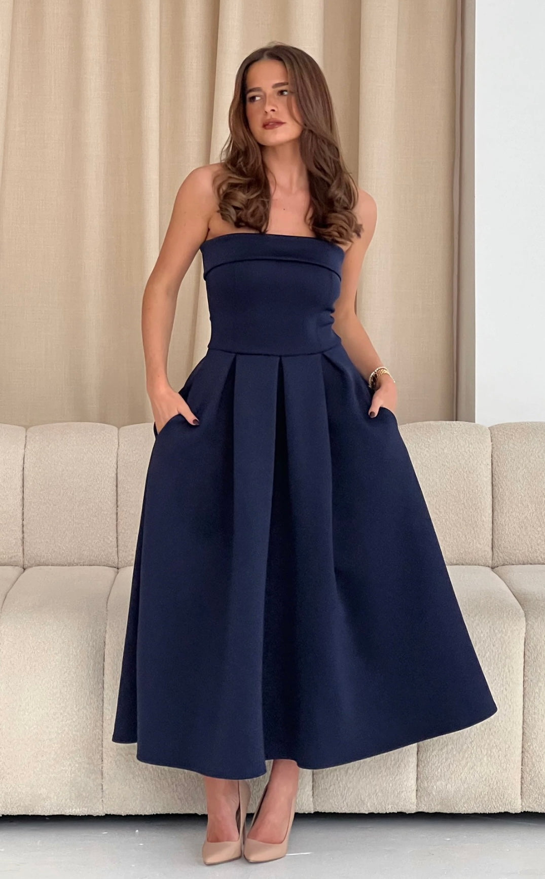Danni Strapless Bandeau Midi Dress Navy